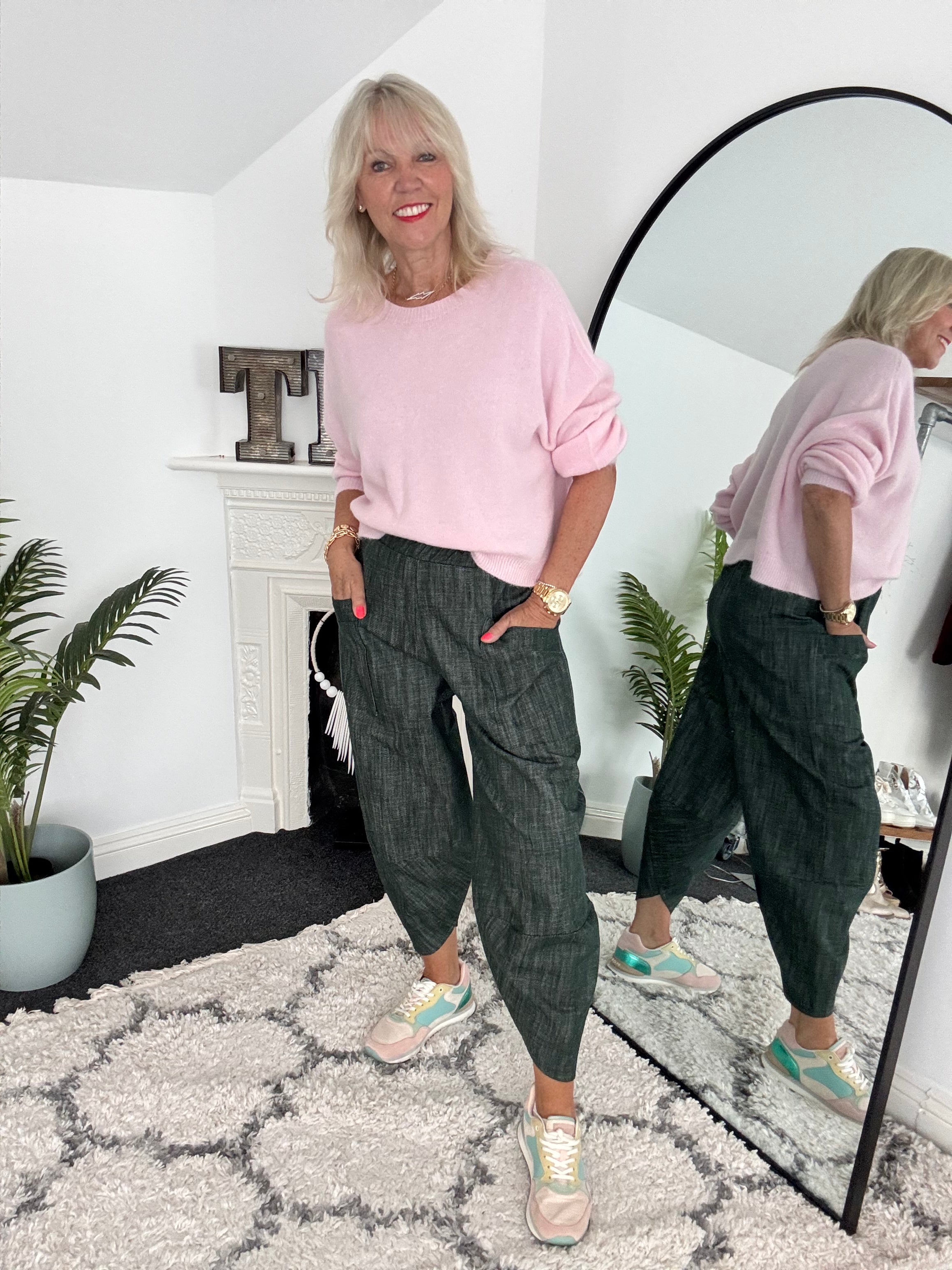 Premium Barrel Leg Trousers in Green Denim