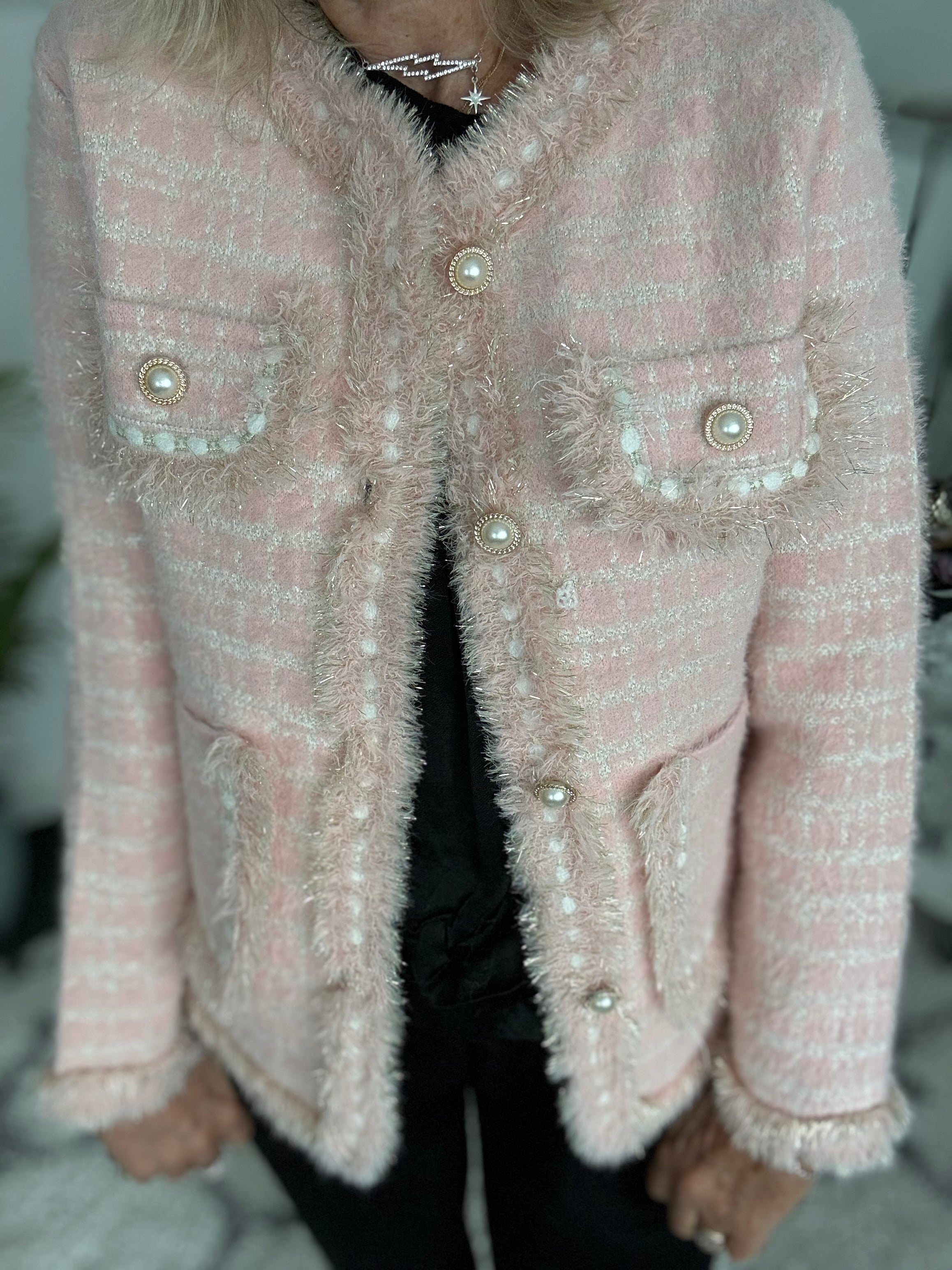 Pearl Button & Tweed Cardi Jacket in Pink