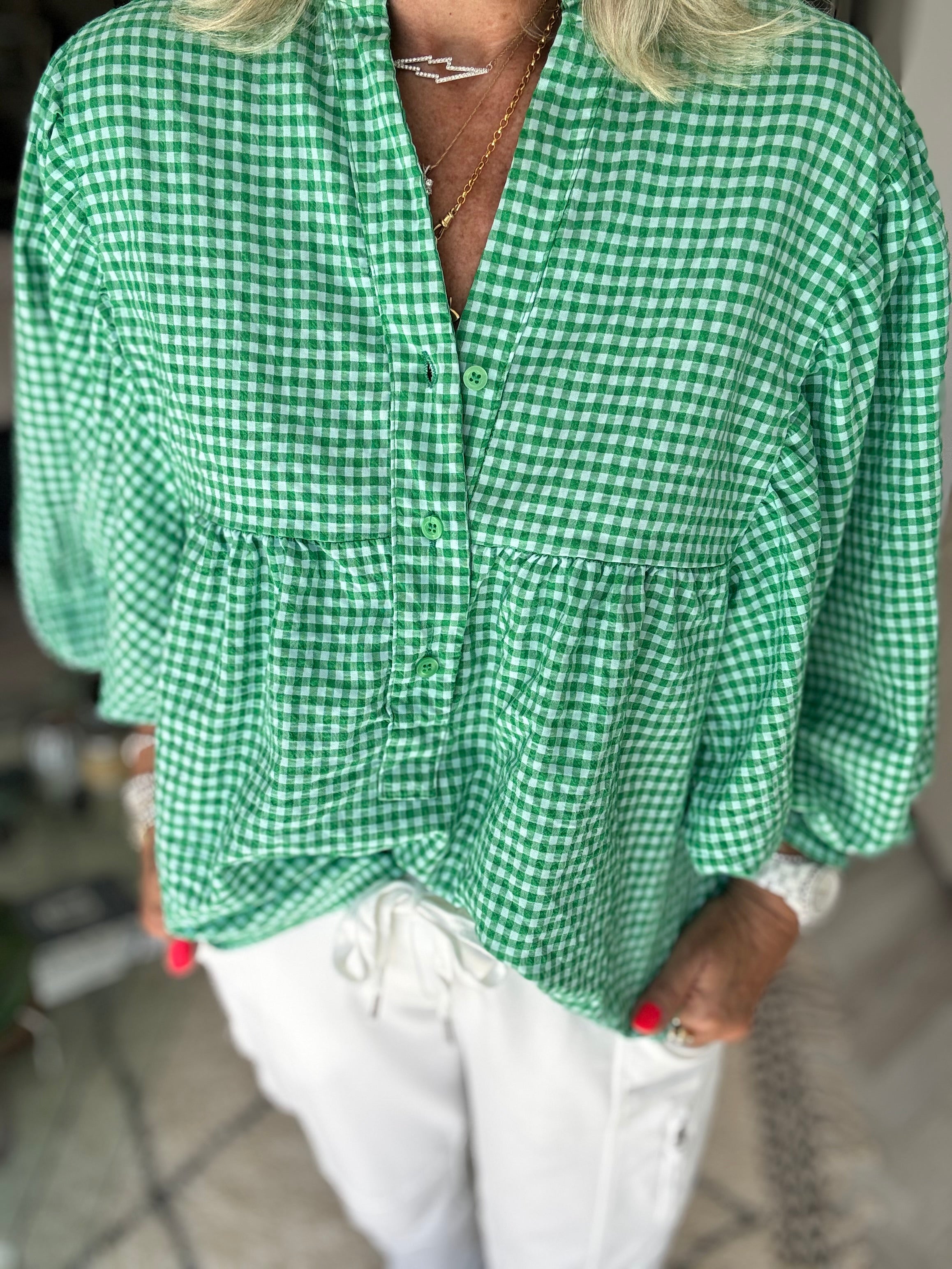 Gingham Seersucker Blouse in Green