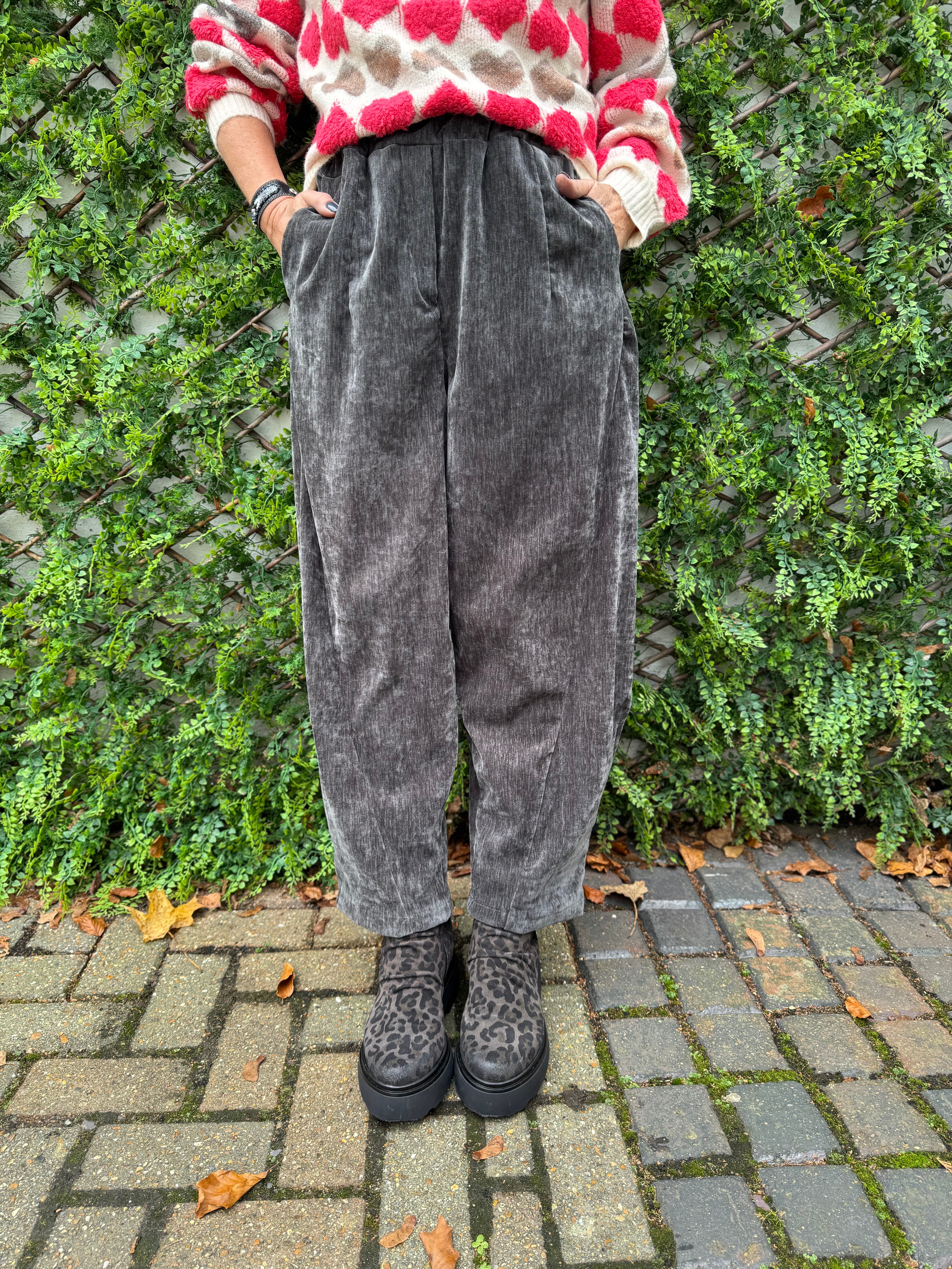 Velvet Stretch Boyfriend Trousers in Dark Grey