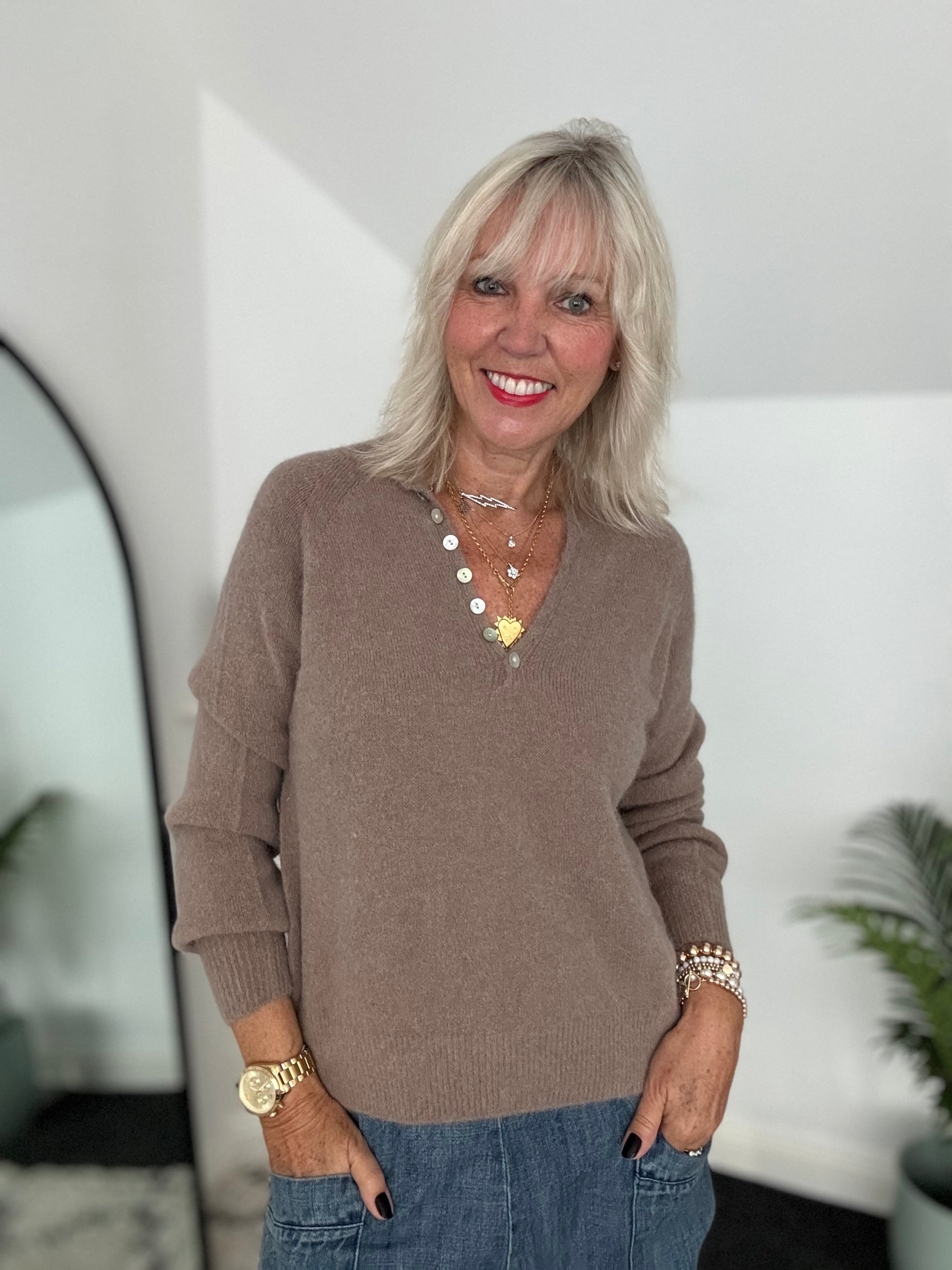 Softie Jumper with Button Neck in Soft Mocha