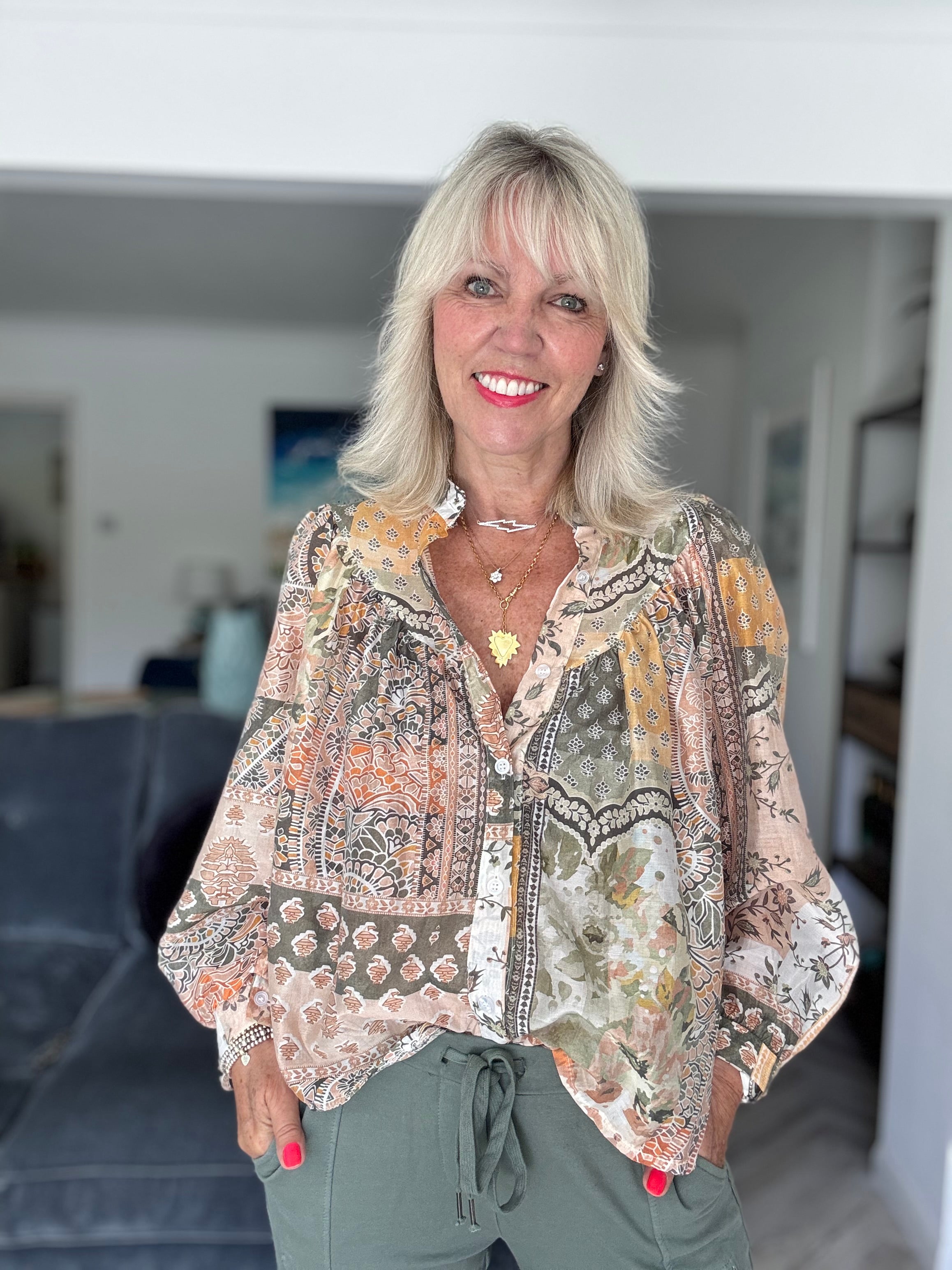 Patchwork Shirt in Khaki & Coral