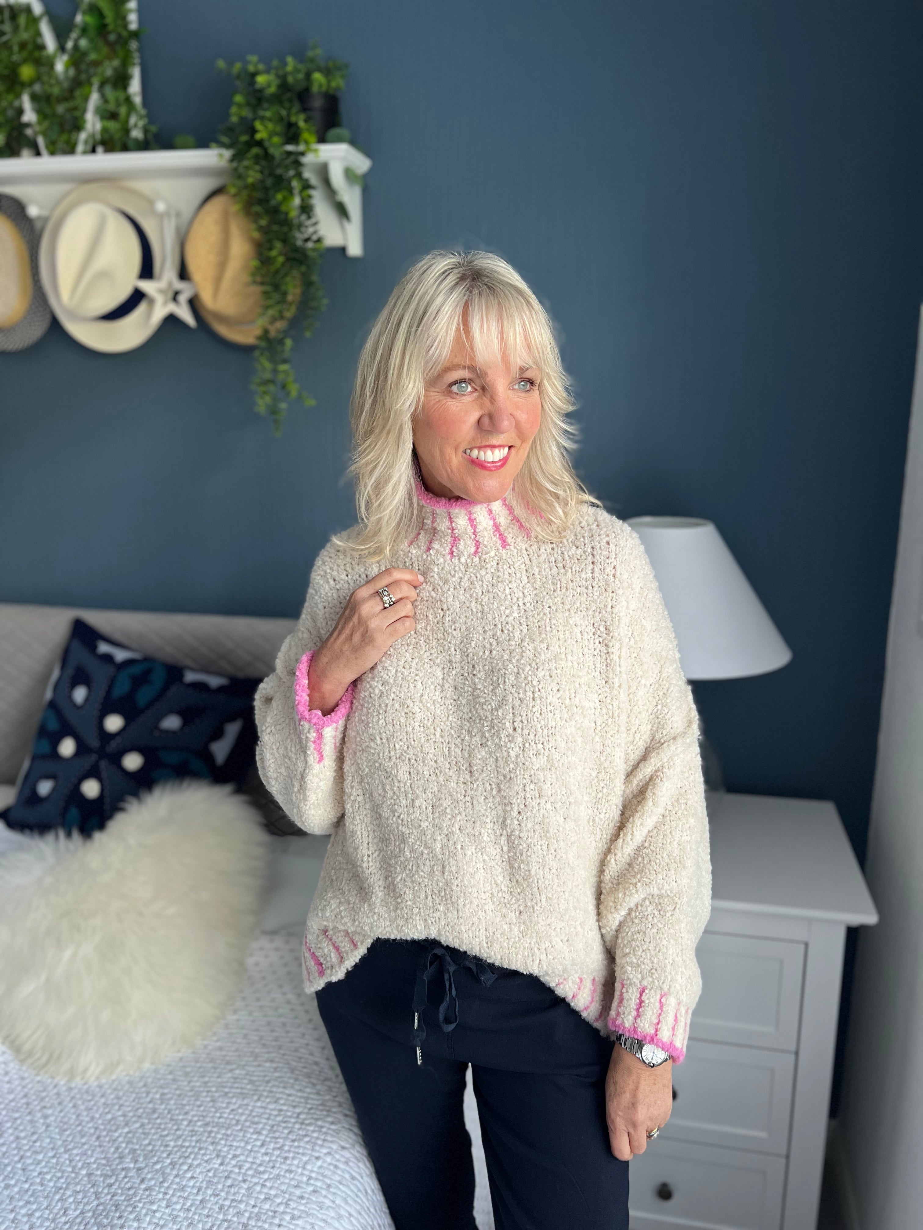 Funnel Neck Boucle Jumper in Vanilla & Pink