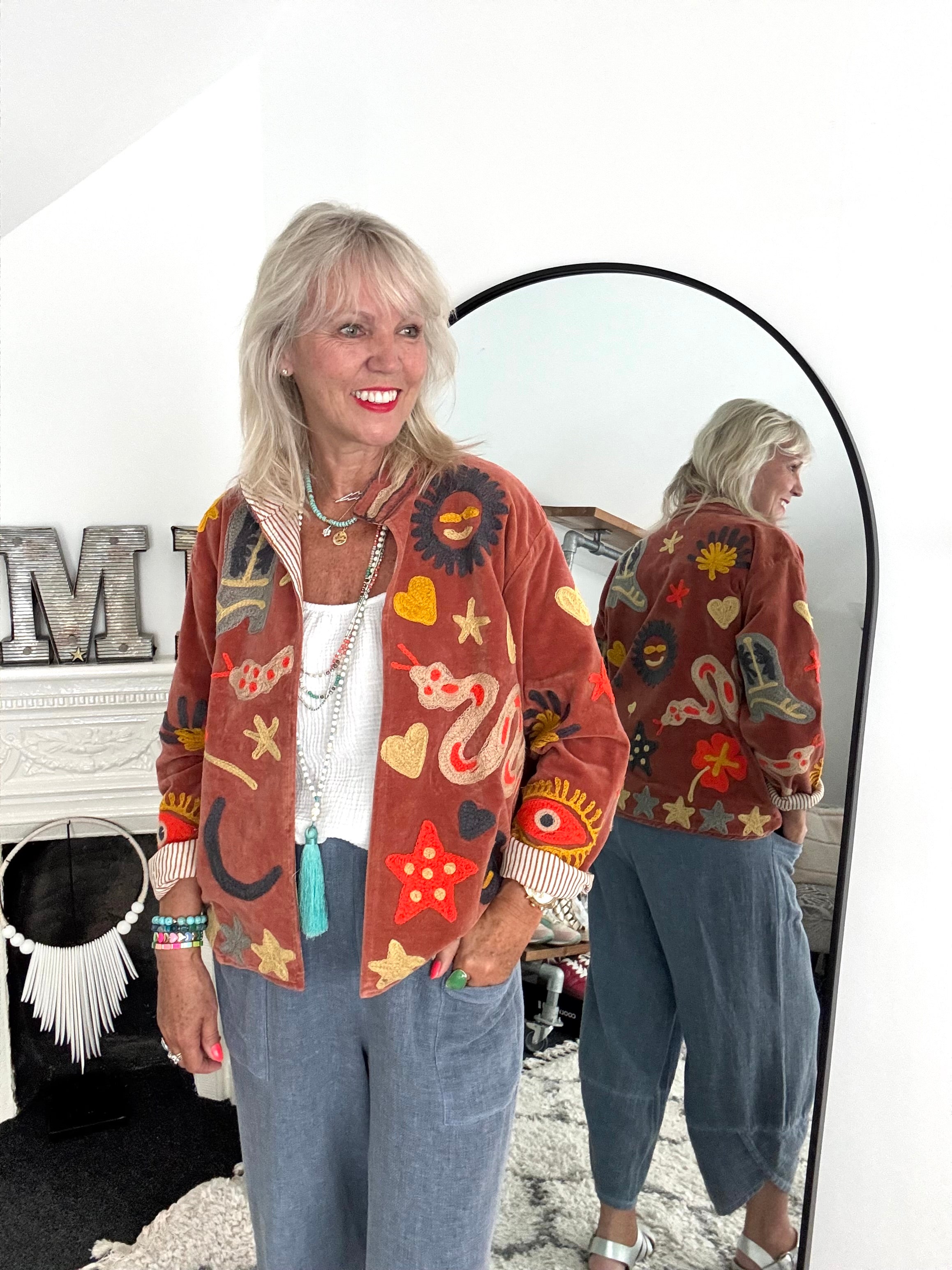 Artisan Velvet Jacket with Appliqued Folk Art in Sienna