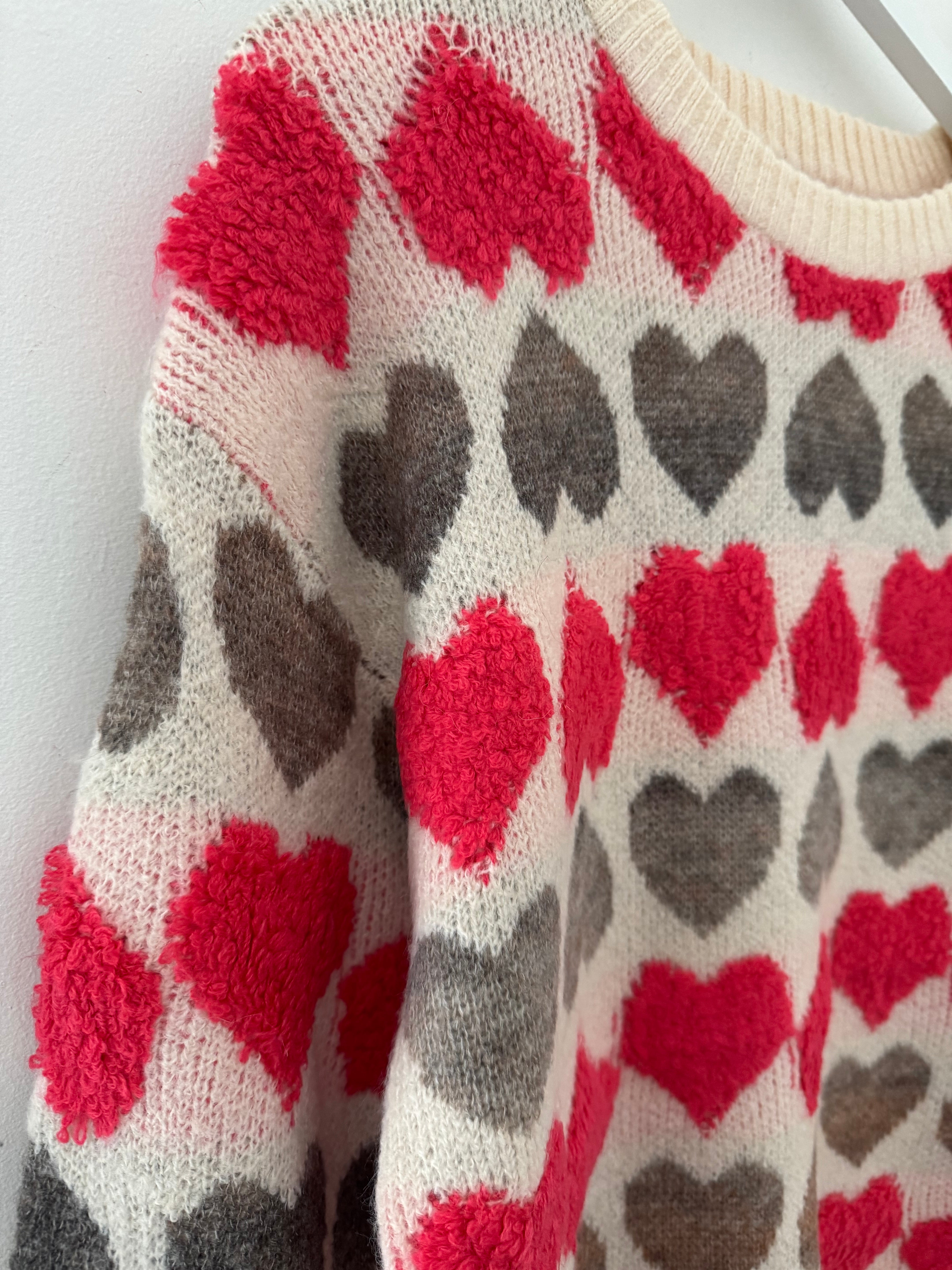 Hearts Sweater in Coral Red & Mocha