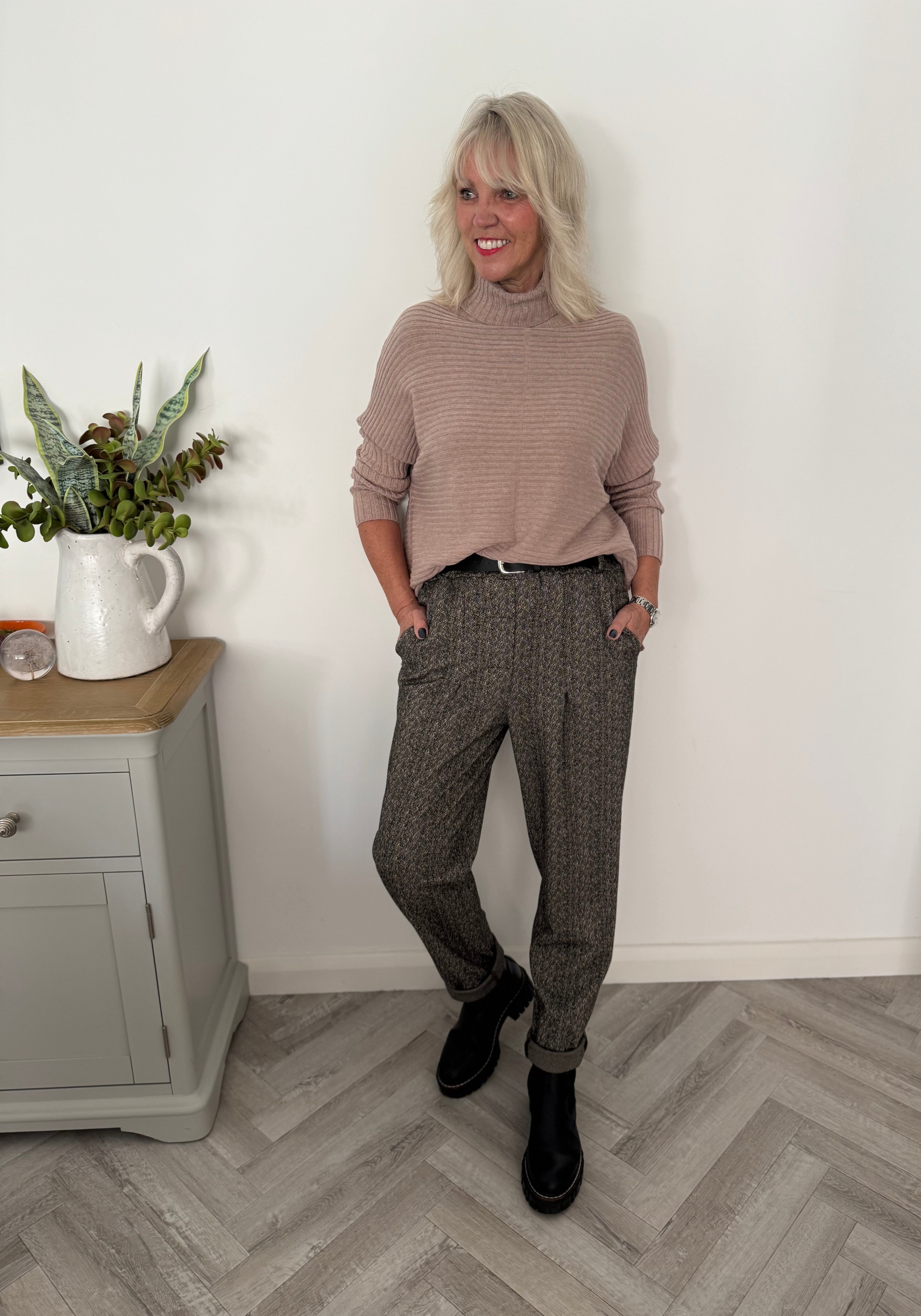 Ribbed Roll Neck Poncho Jumper in Mocha