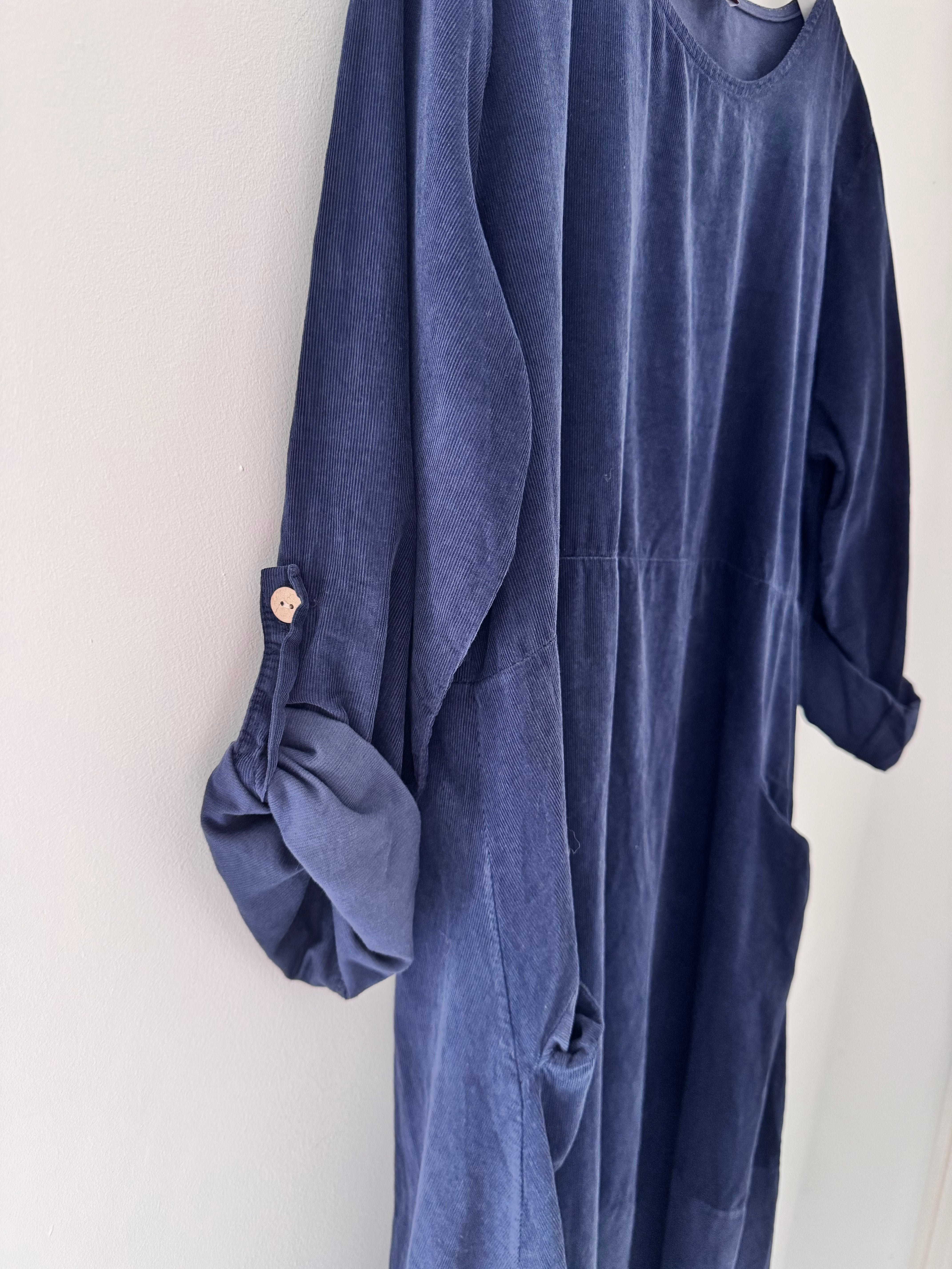 Fine Cord Cocoon Dress in Navy