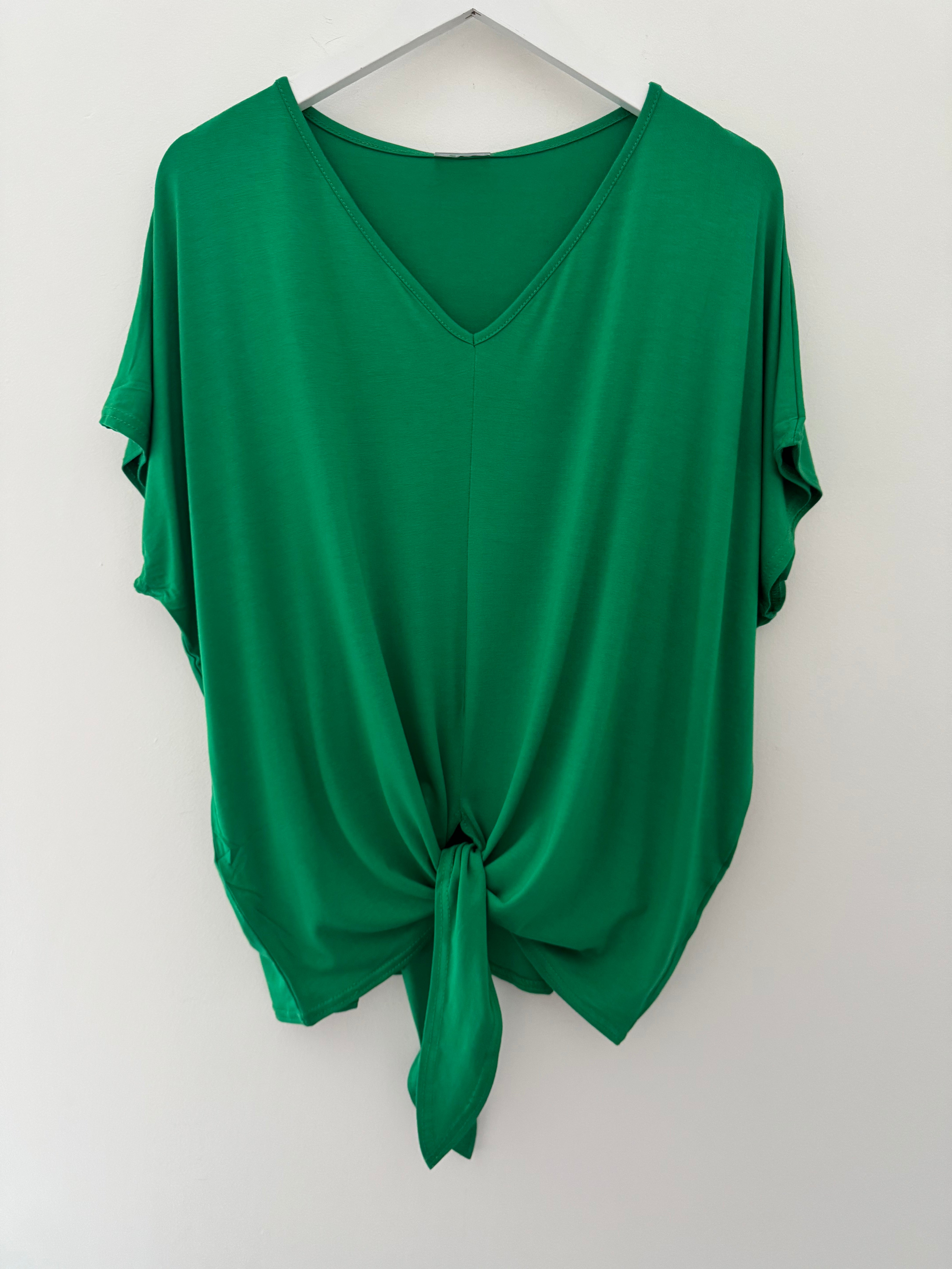 Tie Front Cotton Jersey Top in Green