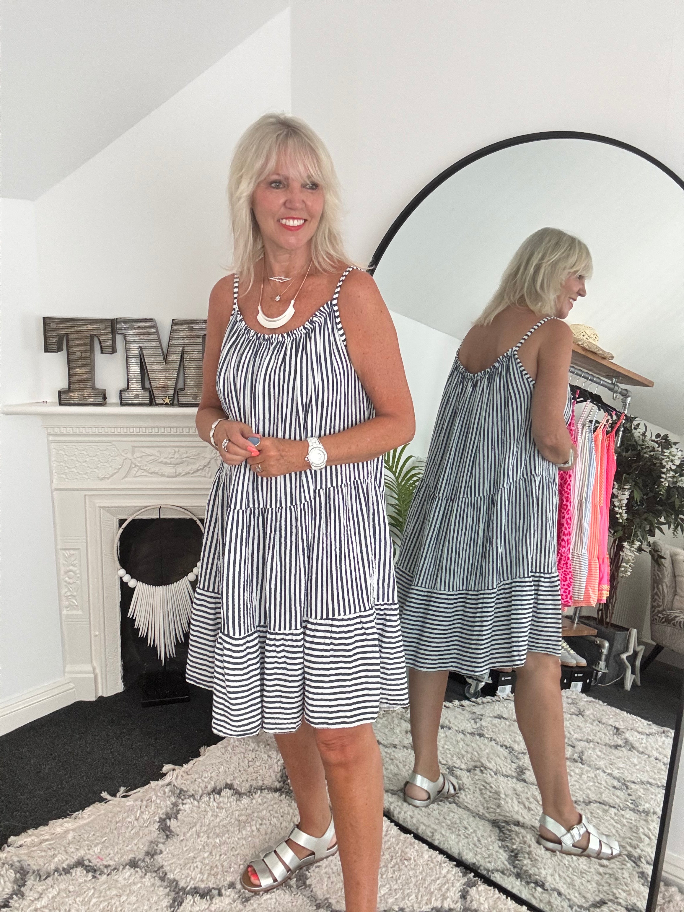 Stripe Cheesecloth Dress in Navy & White