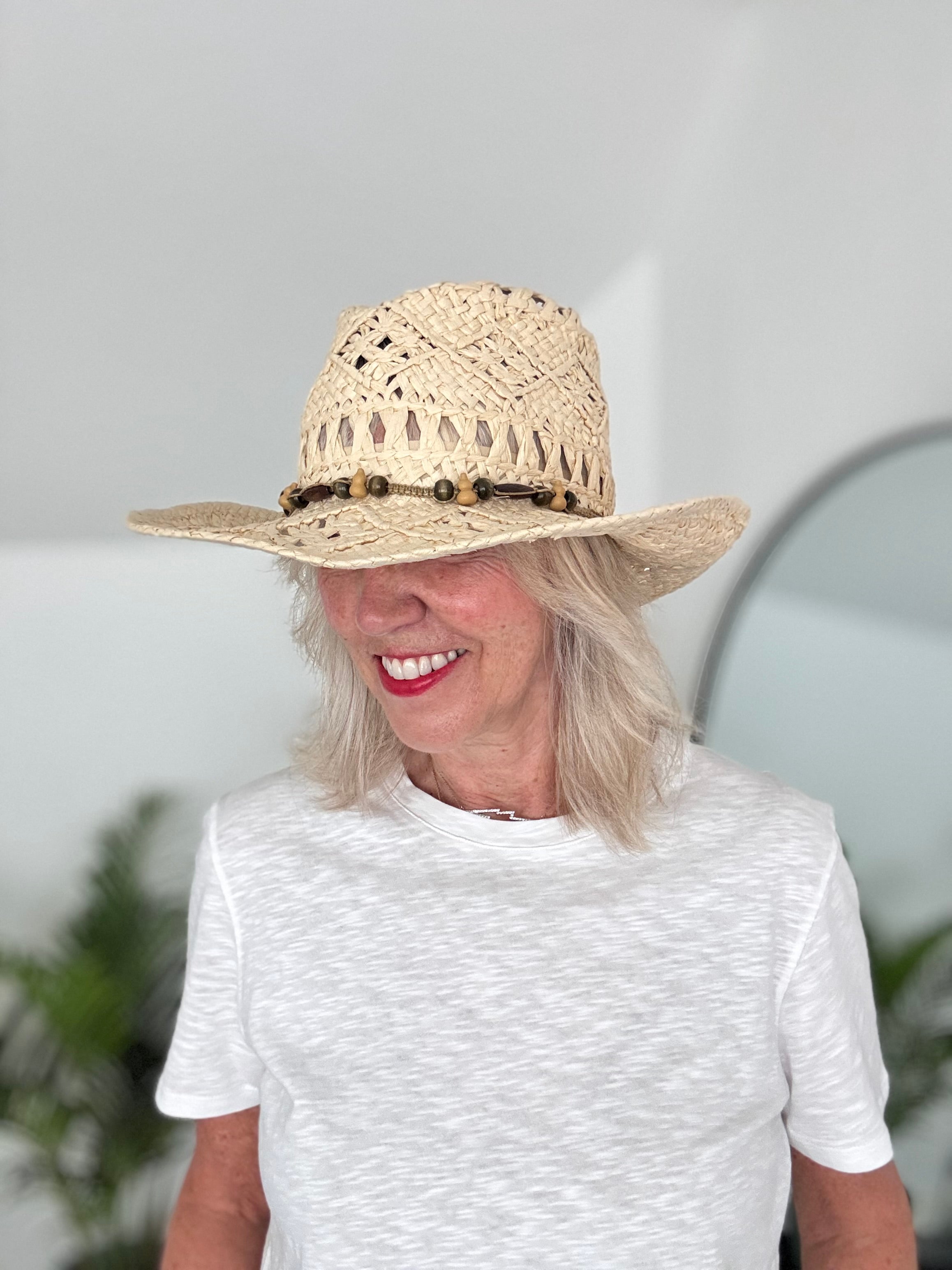 Straw Hat with Wooden Bead Tie