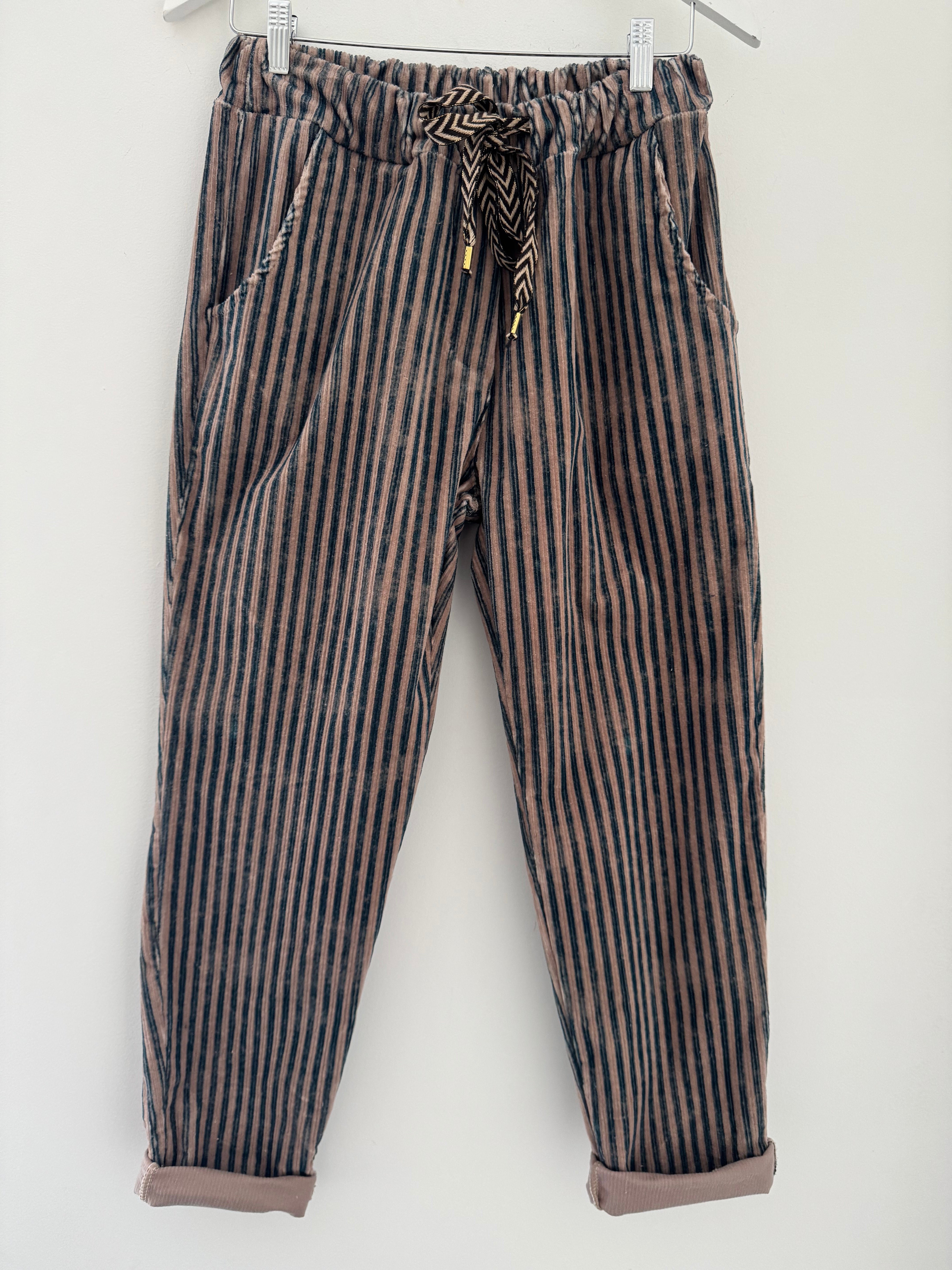 Chenille Cord Joggers in Mocha & Teal Stripe