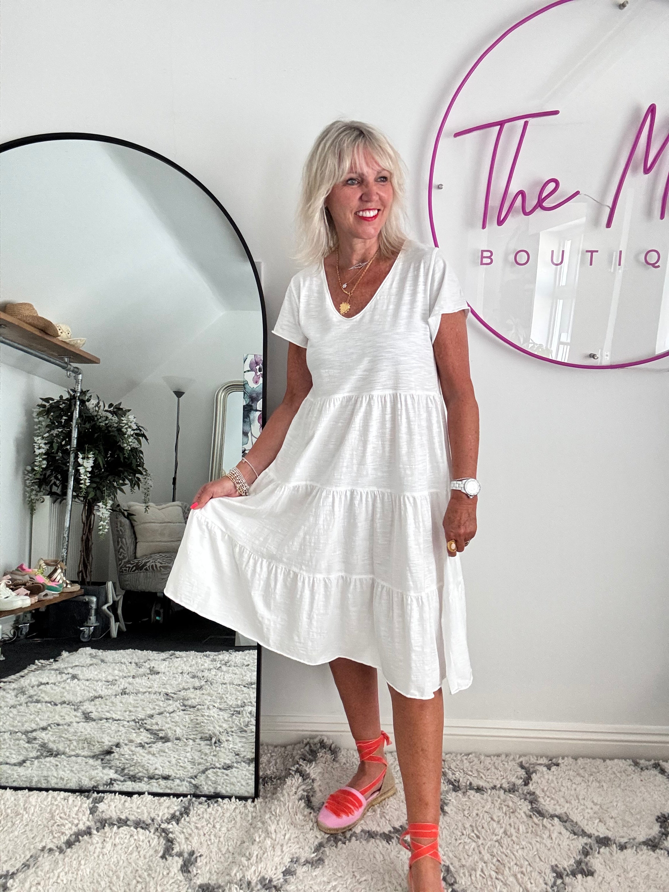 Tiered Cotton Stretch Dress in White