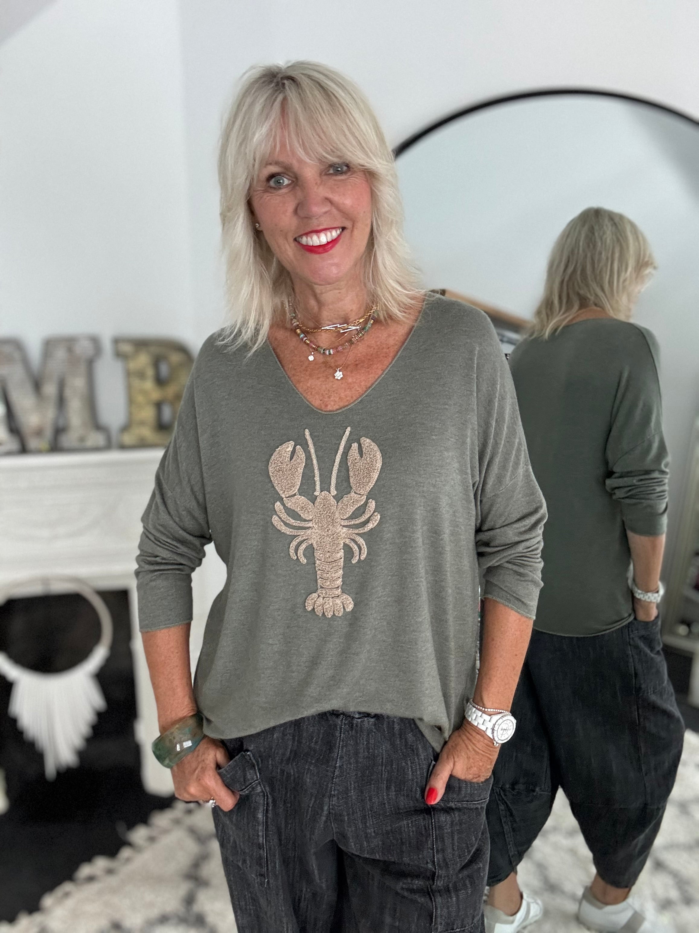 Soft V Neck Lobster Knit in Khaki