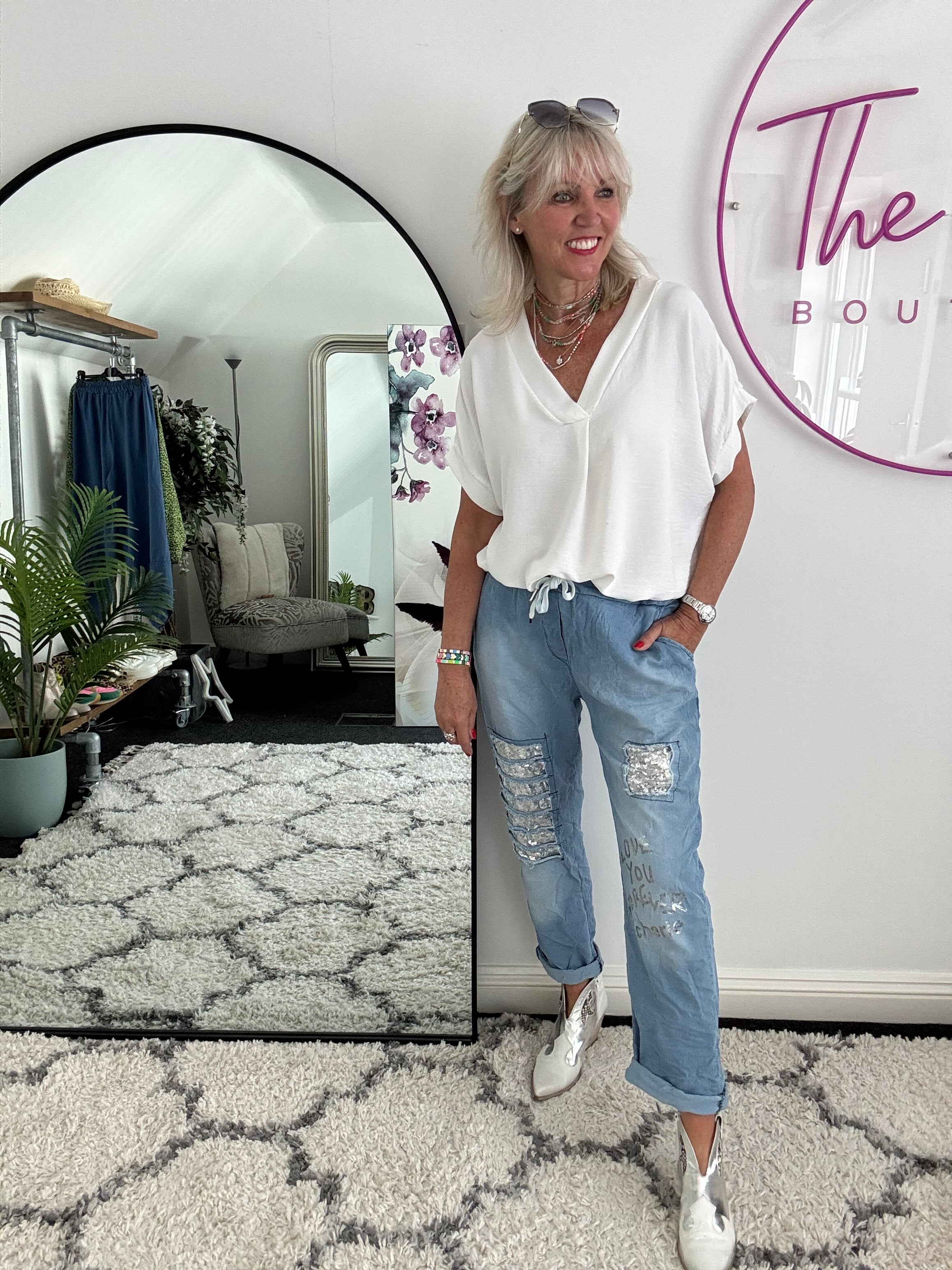 Light Denim Joggers with Sequins