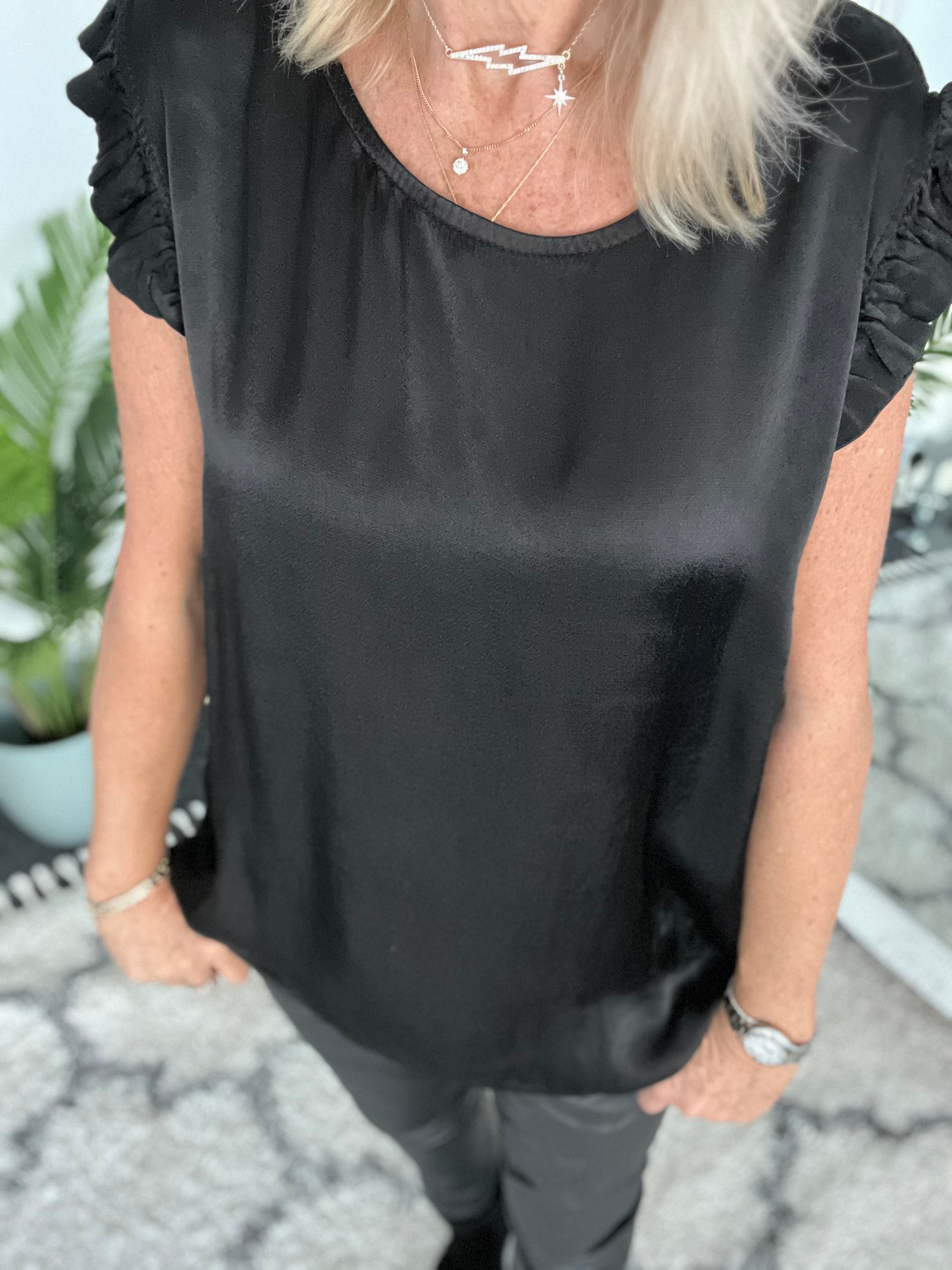 Silky Frill Sleeve Top in Black