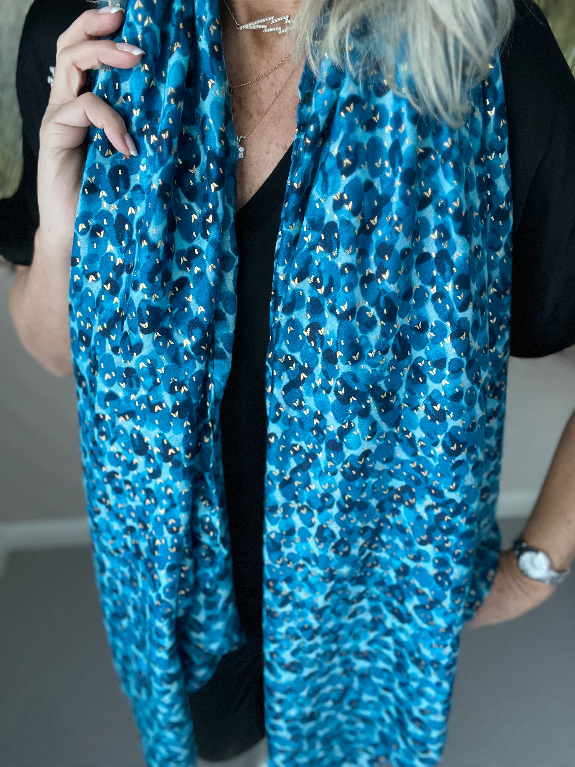 Animal Print Scarf with Gold Detail in Teal