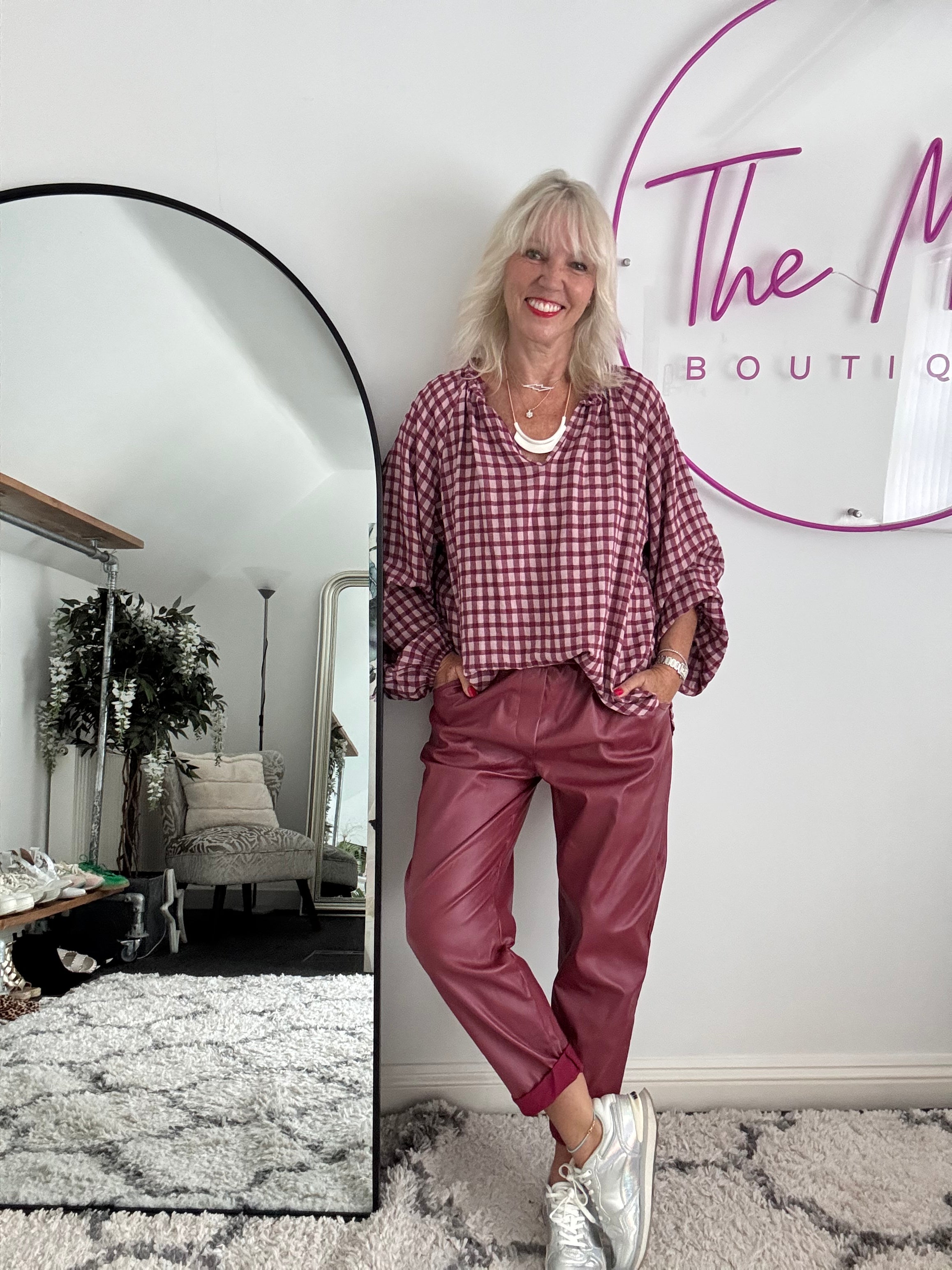 Super Stretch Waxed Barrel Trousers in Berry