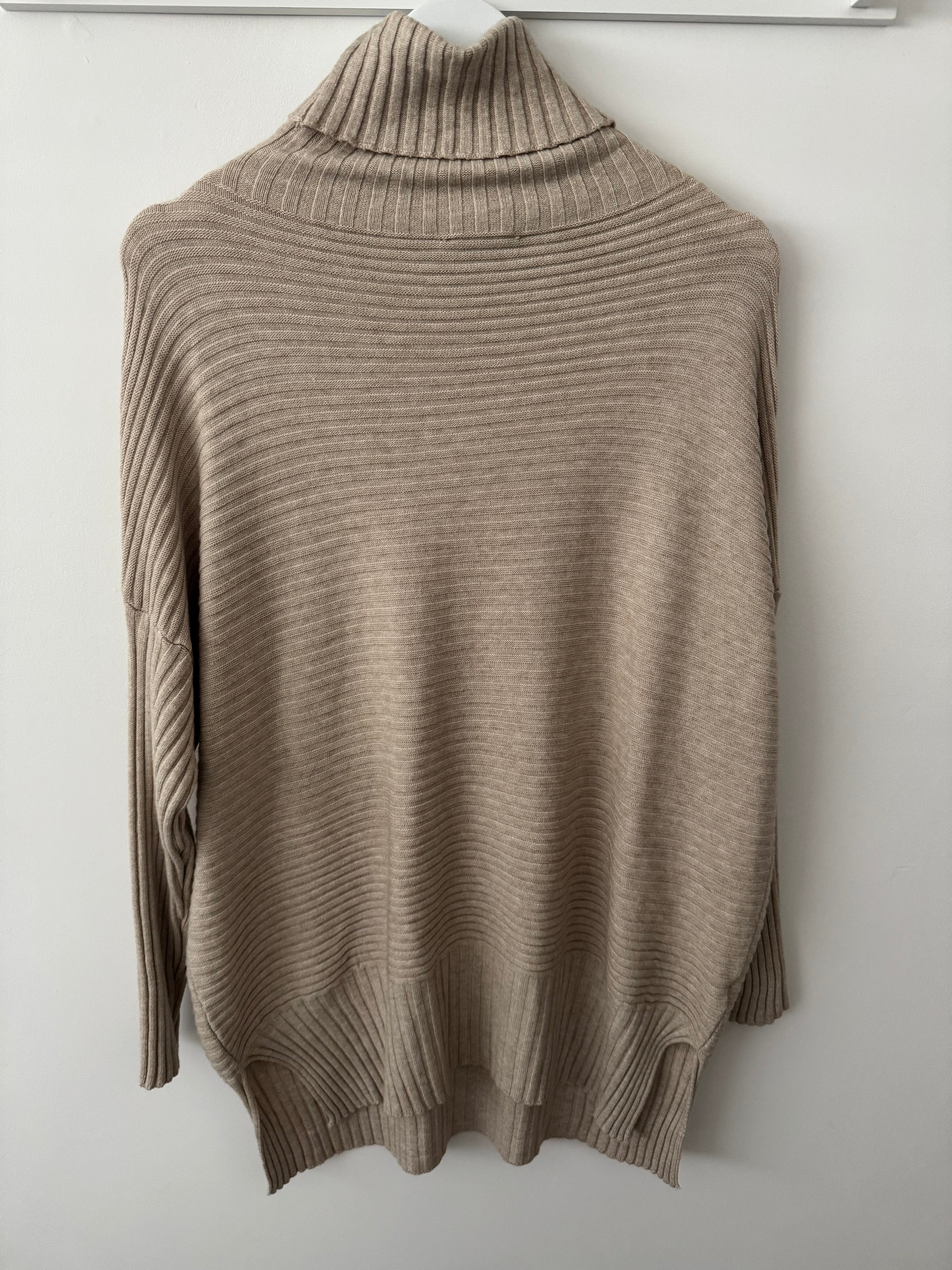 Ribbed Roll Neck Poncho Jumper in Latte