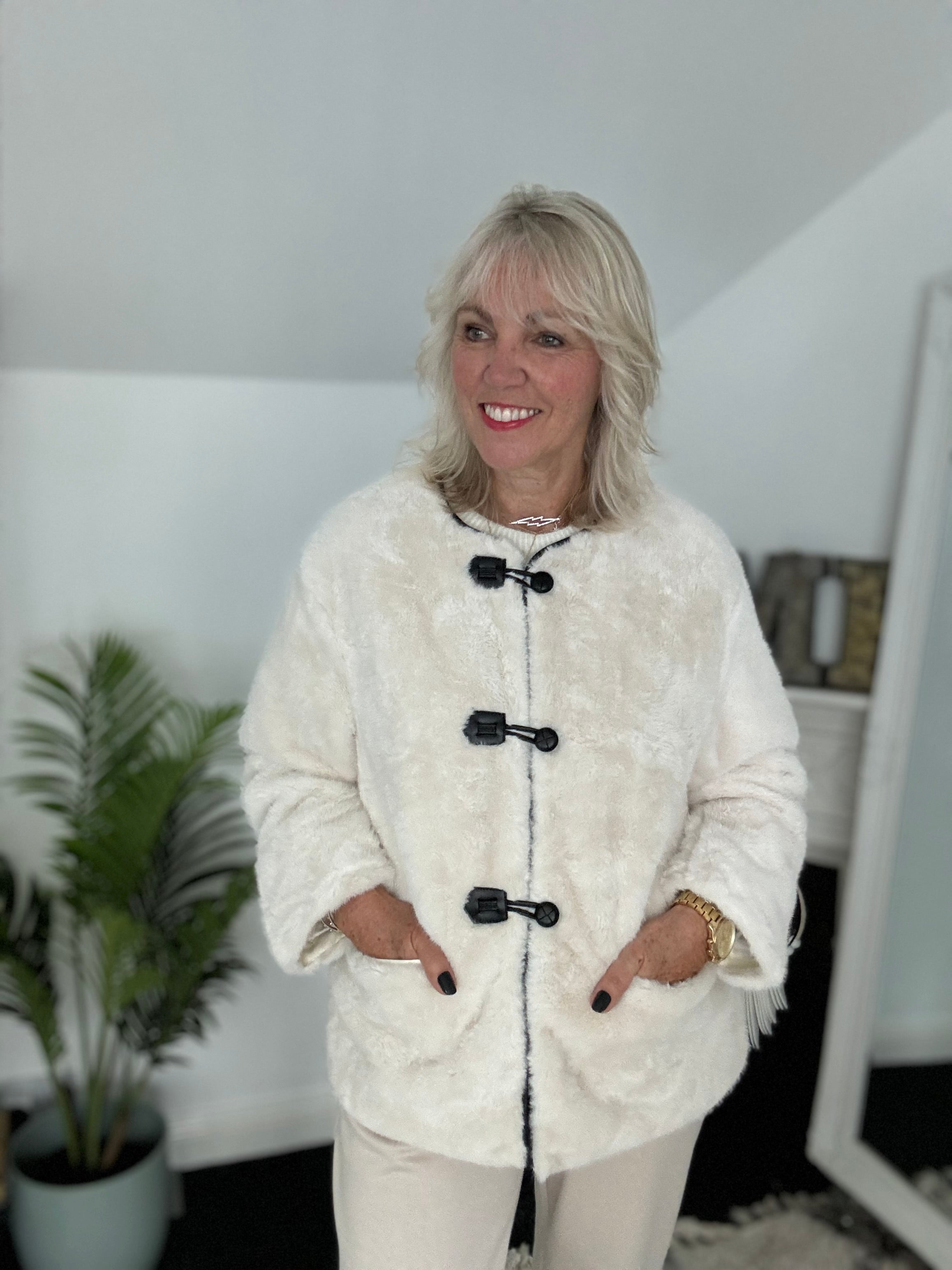 Faux Fur Toggle Jacket in Ecru