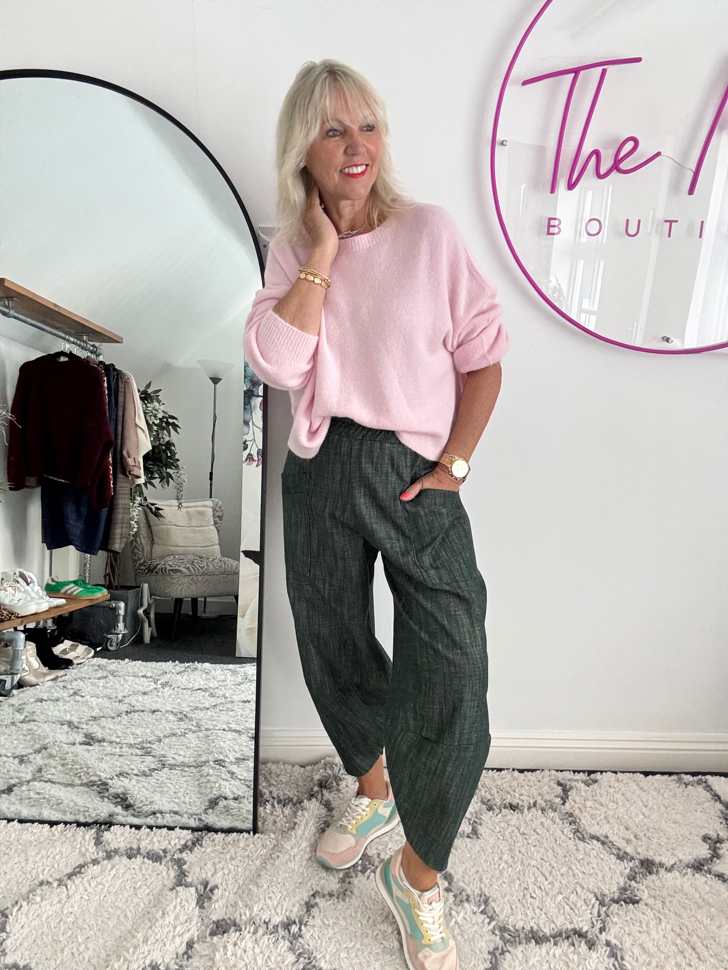 Premium Barrel Leg Trousers in Green Denim