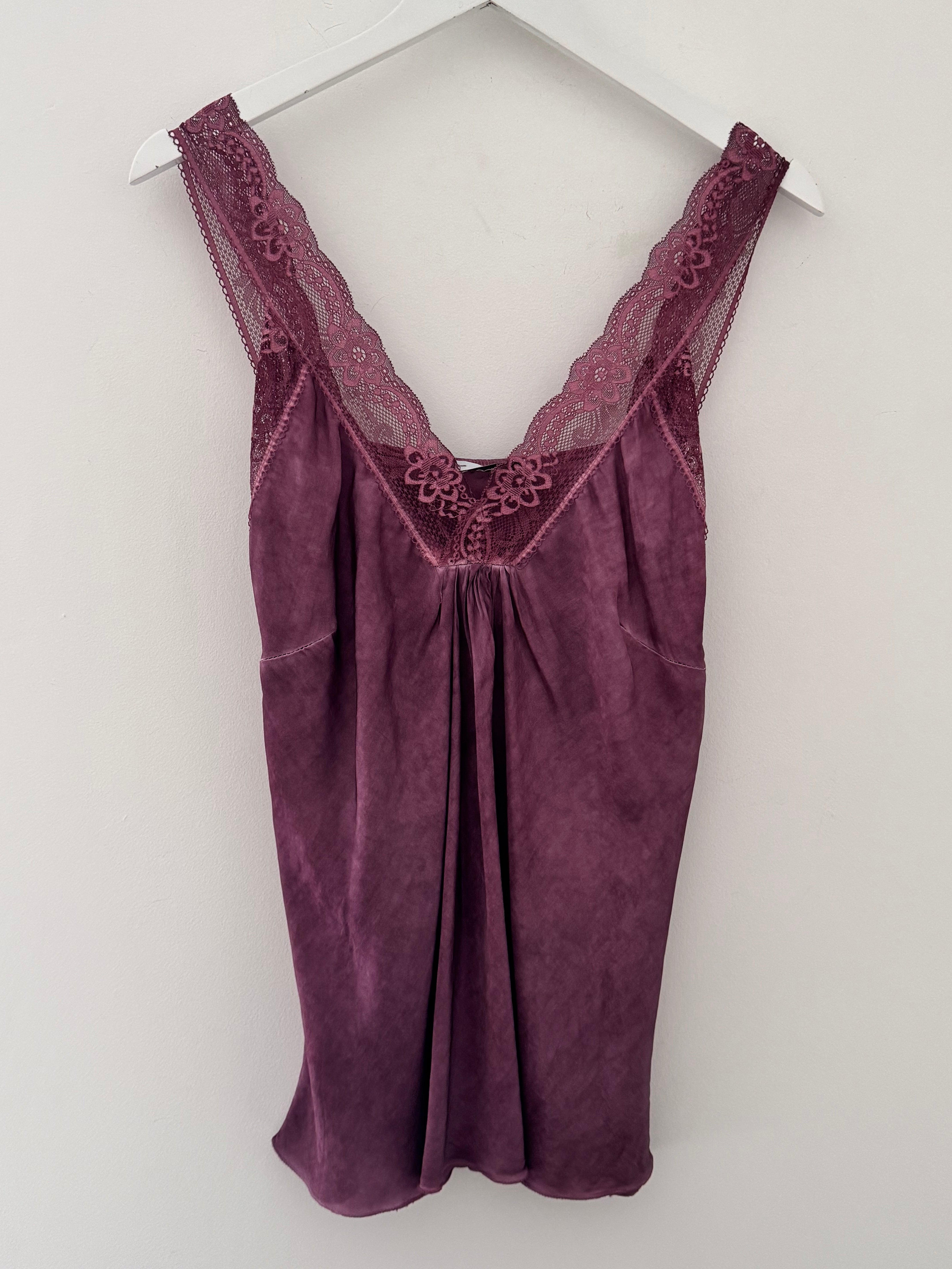 Lace Trim Silk Cami in Plum