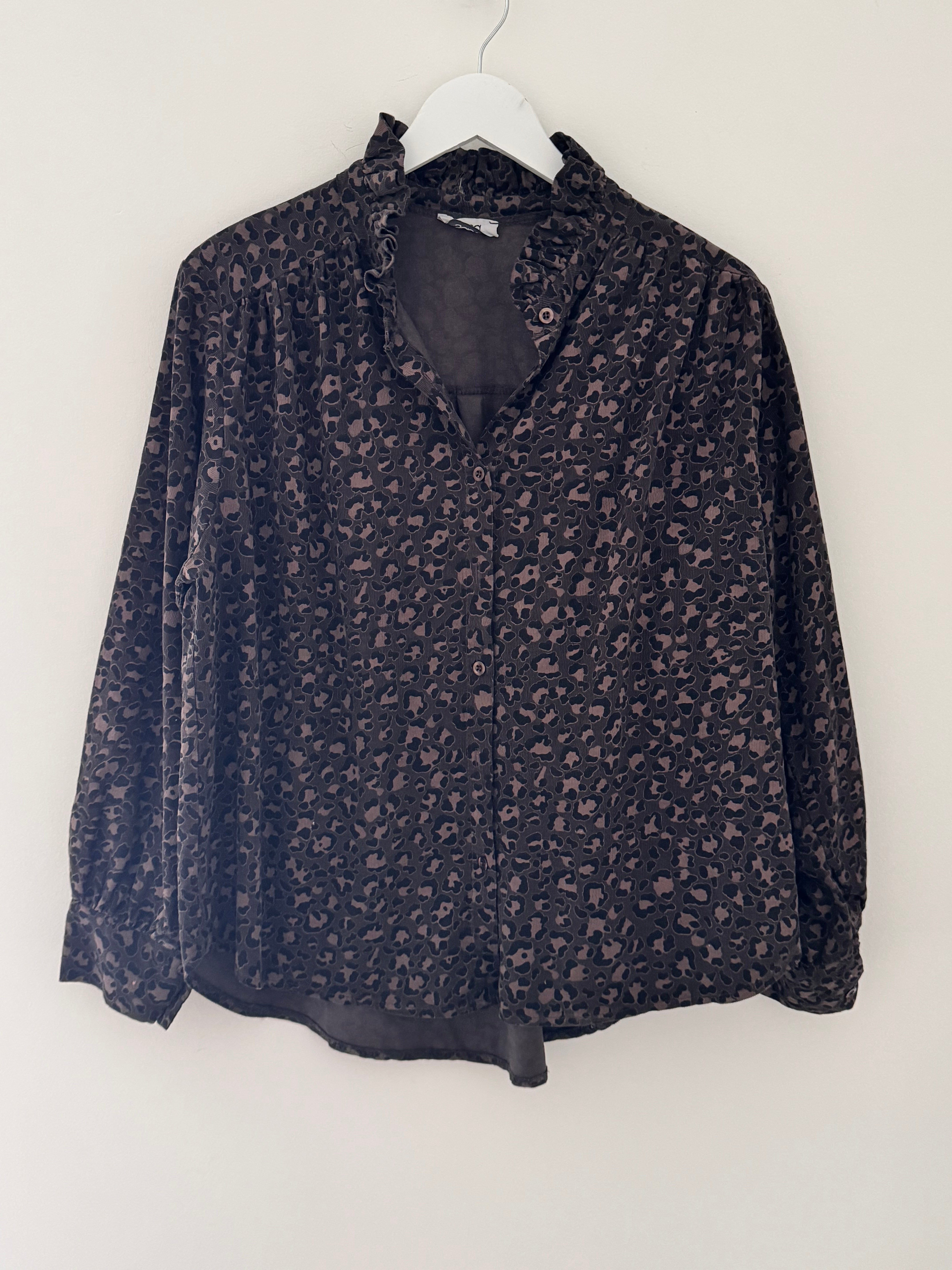 Needlecord Ruffle Blouse in Cocoa Leopard