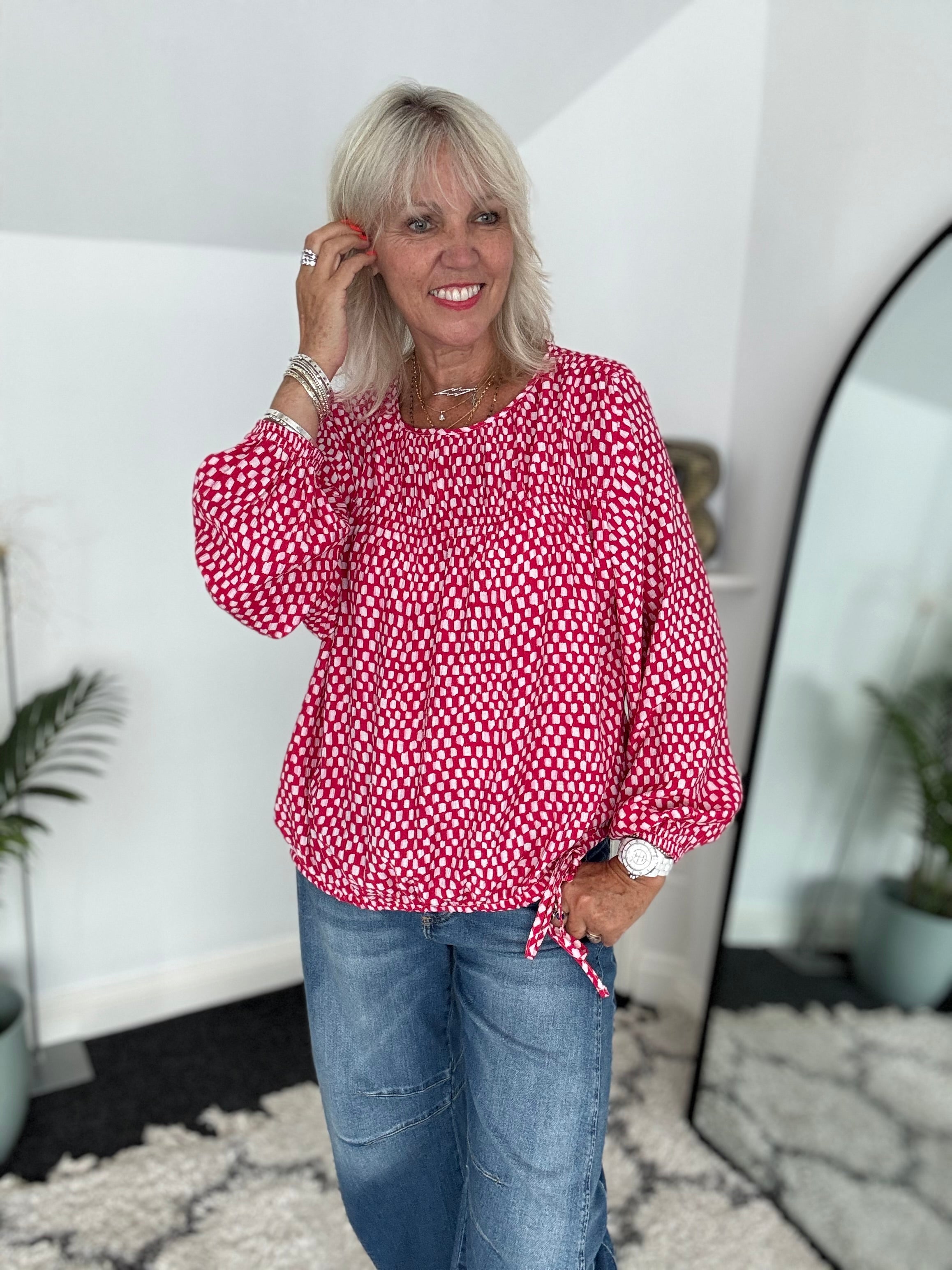 Checker Blouse in Raspberry & White