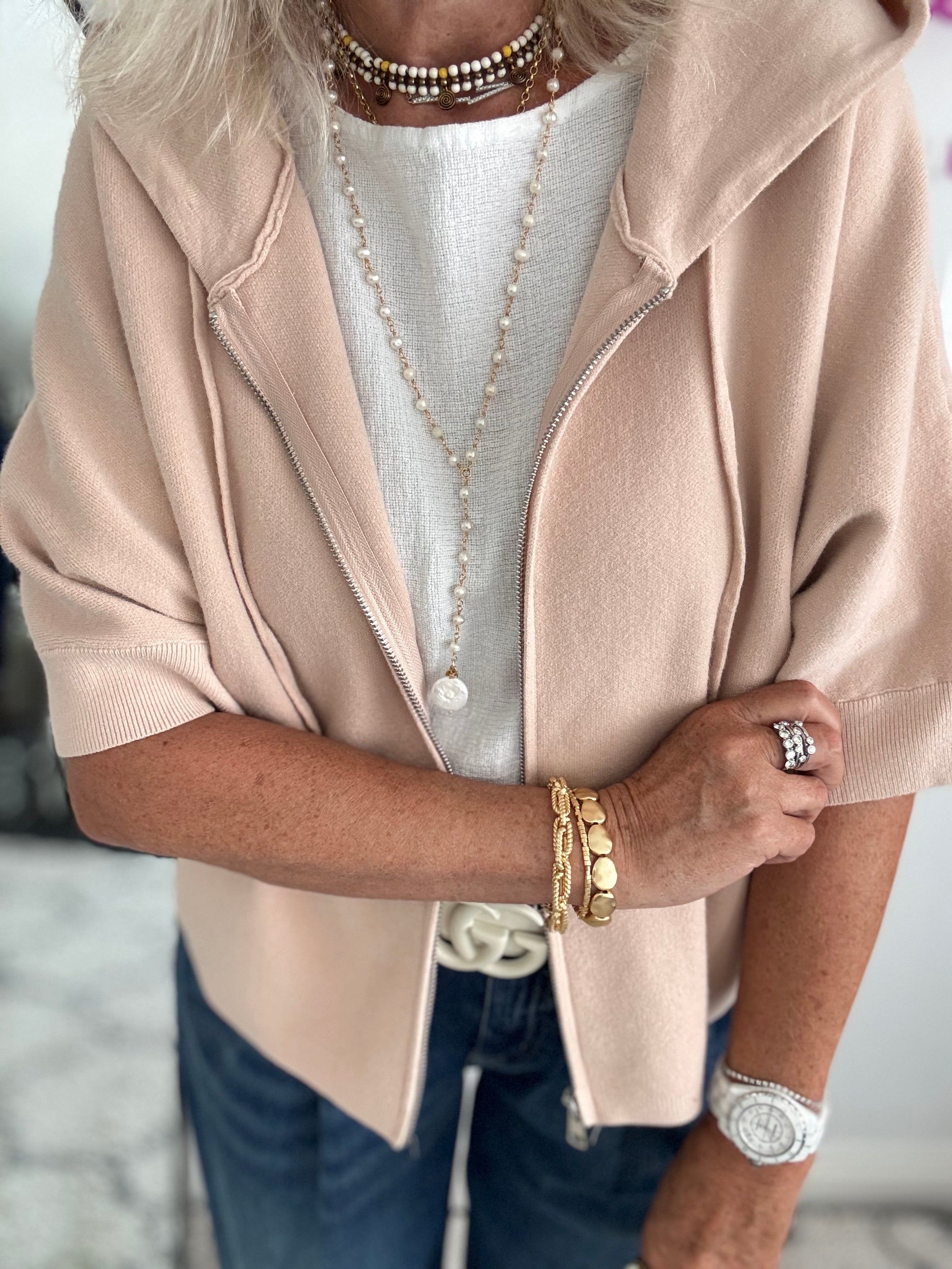 Soft Hooded Zipped Knit in Pink