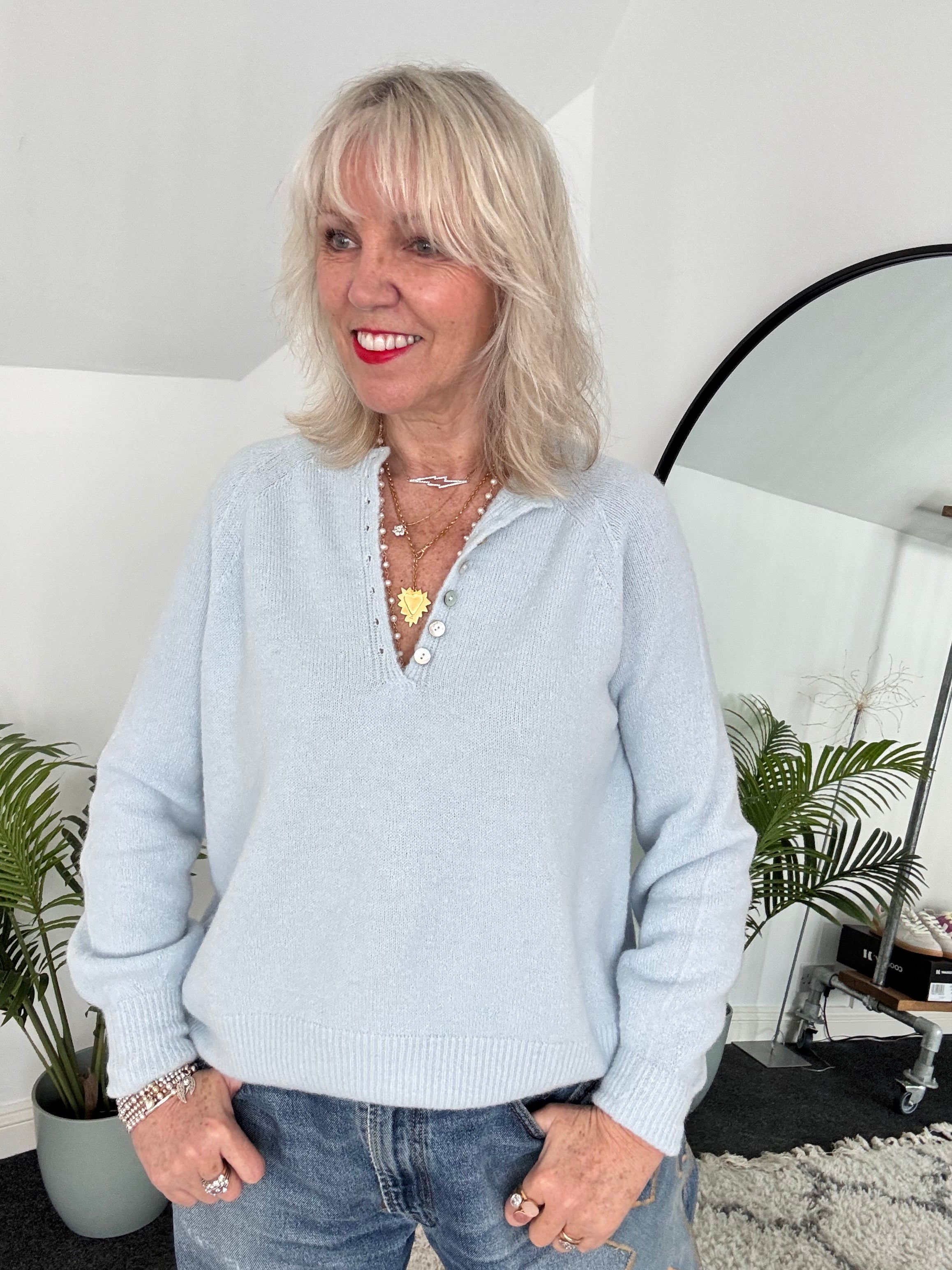 Softie Jumper with Button Neck in Ice Blue