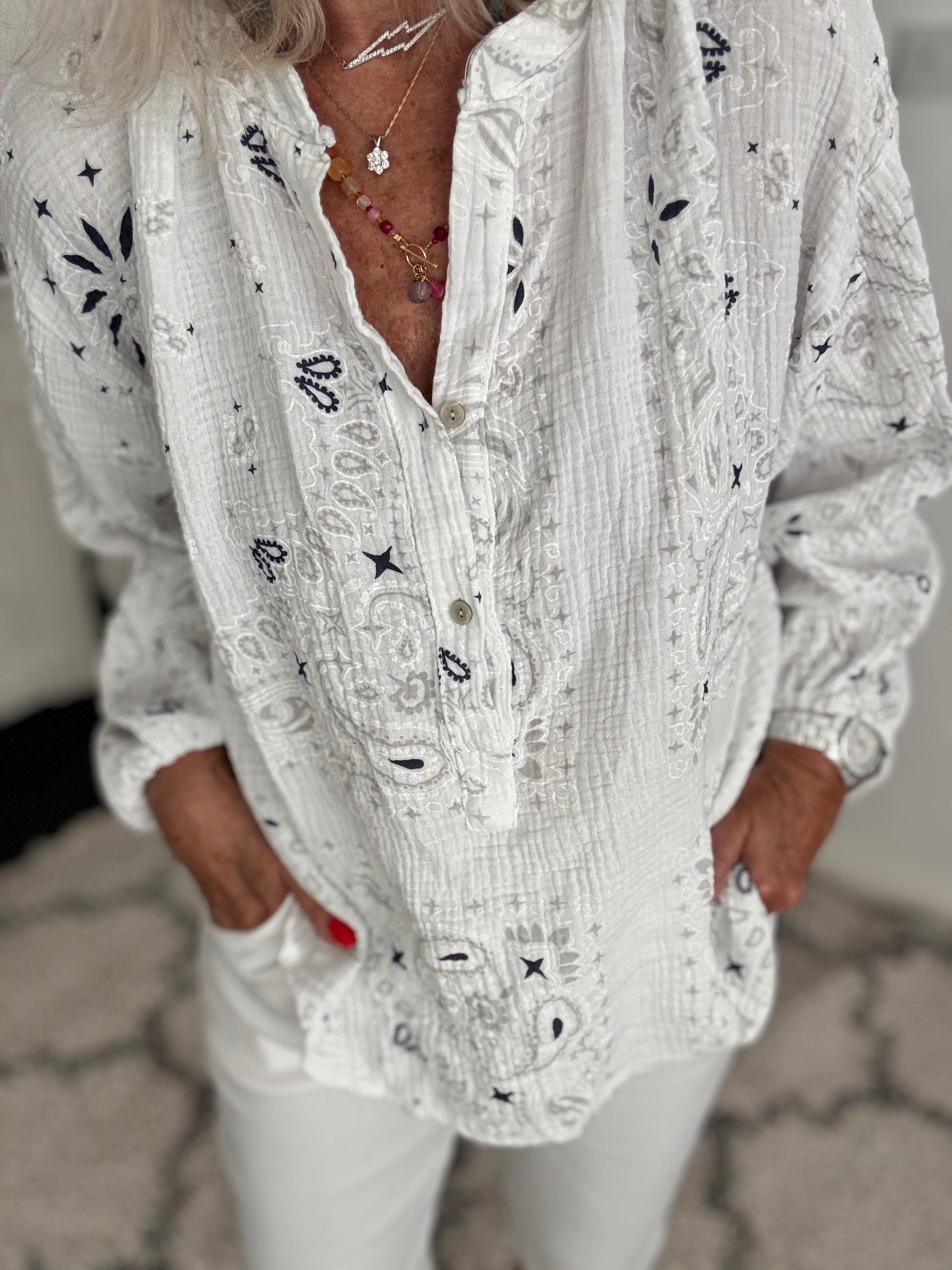 Oversized Paisley Cheesecloth Shirt in White