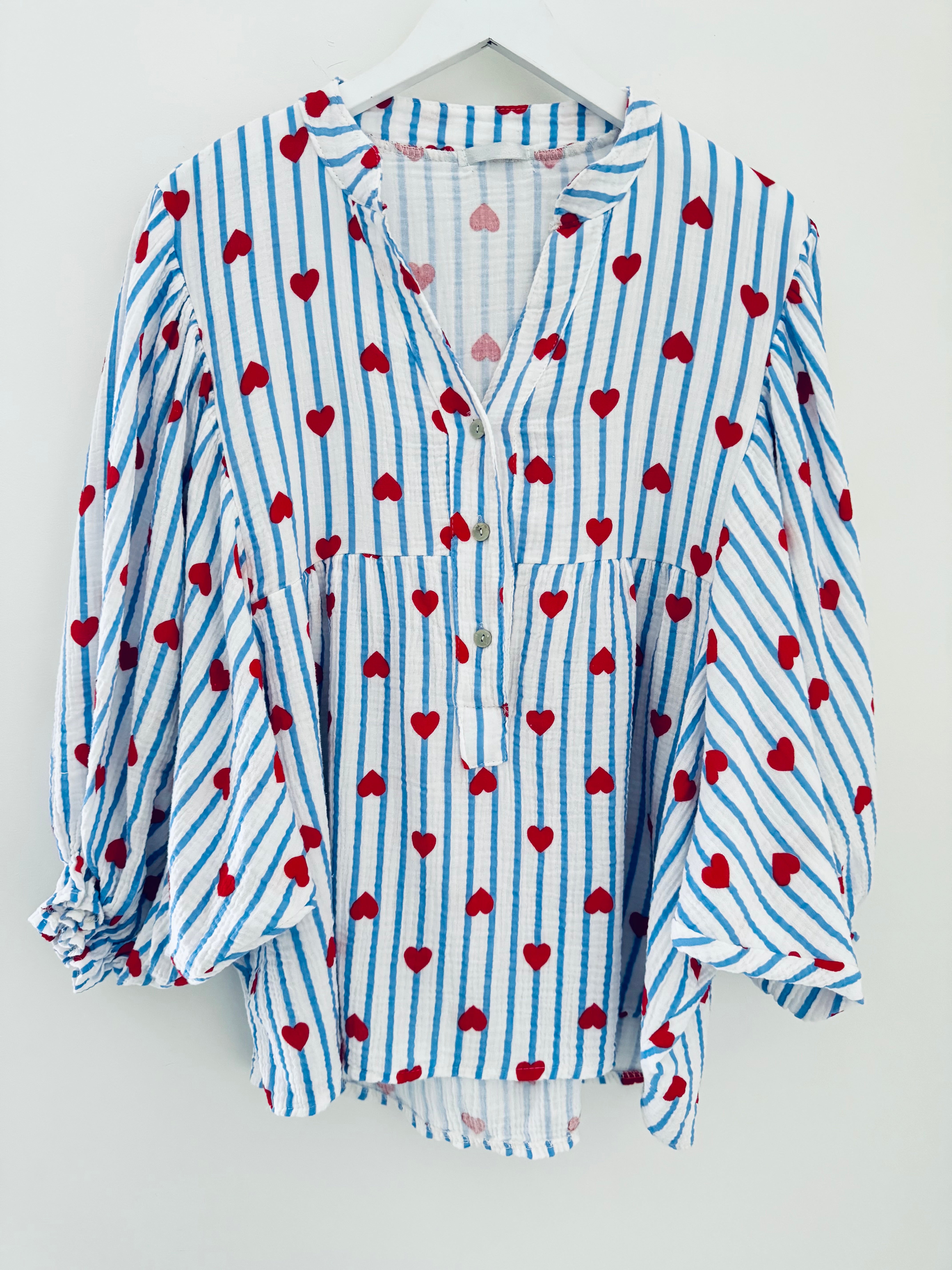 Oversized Cheesecloth Heart Blouse in Blue & Red