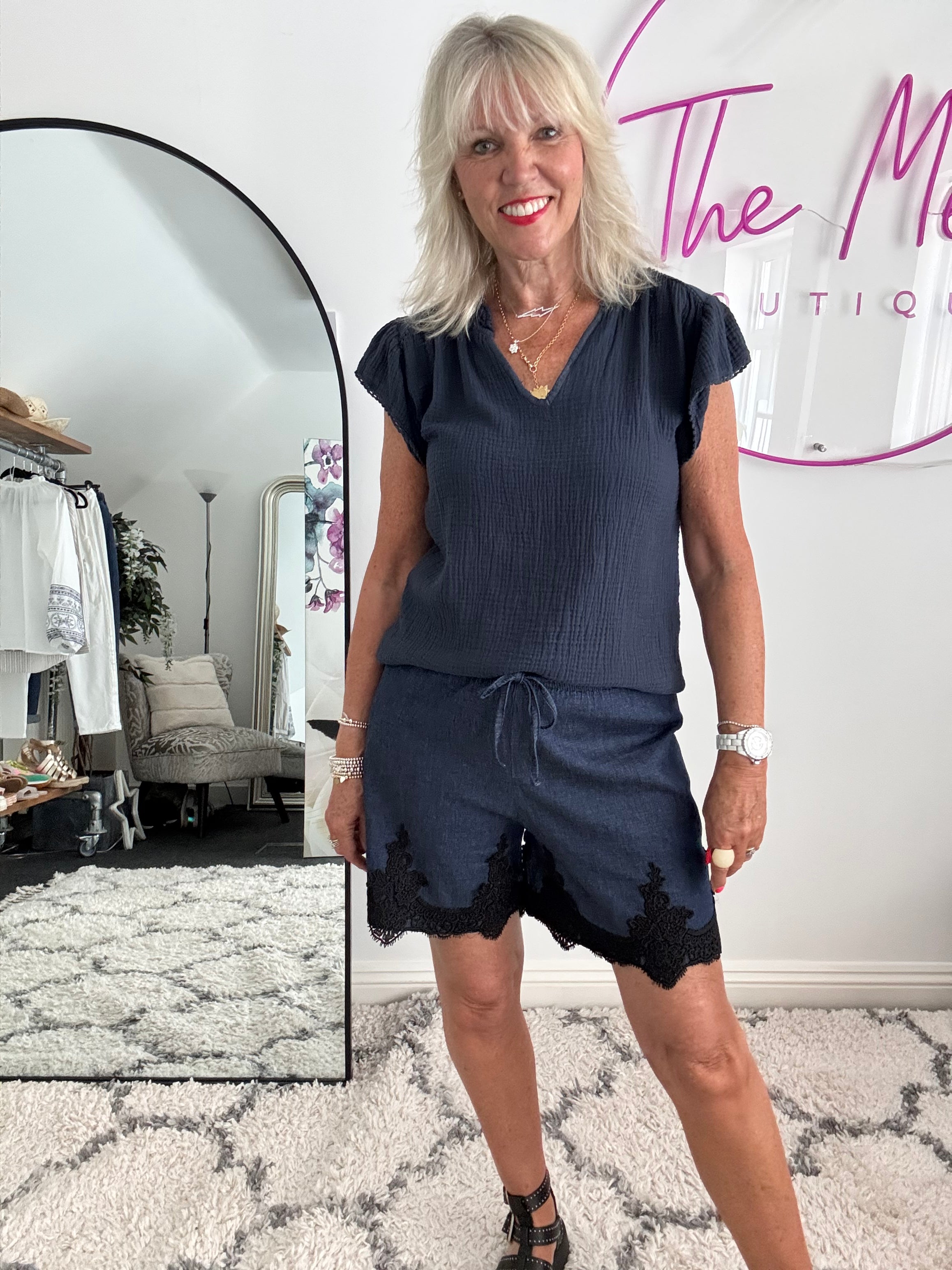 Luxe Chambray Shorts with Lace