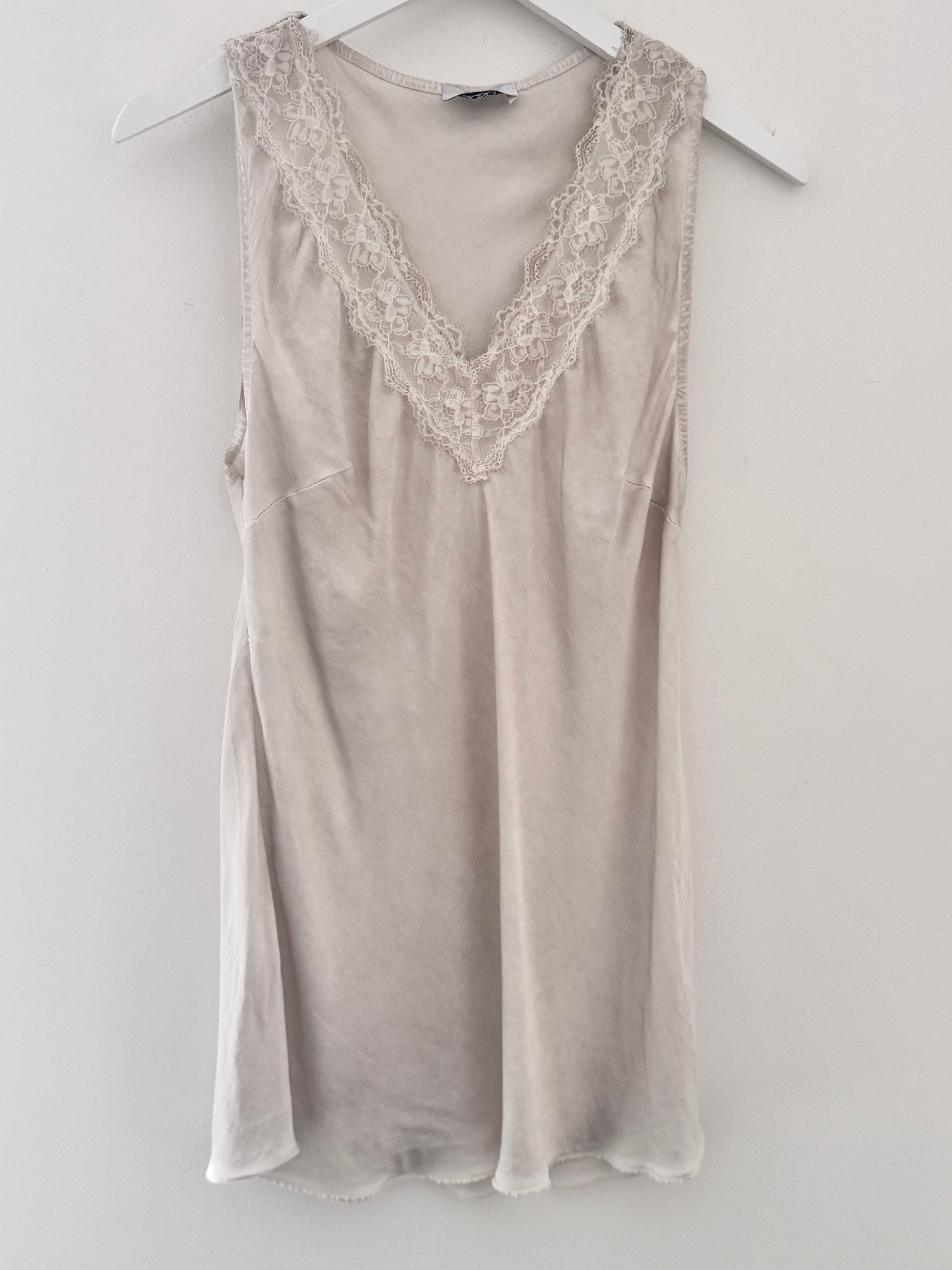 Lace Trim Silk Top in Ecru
