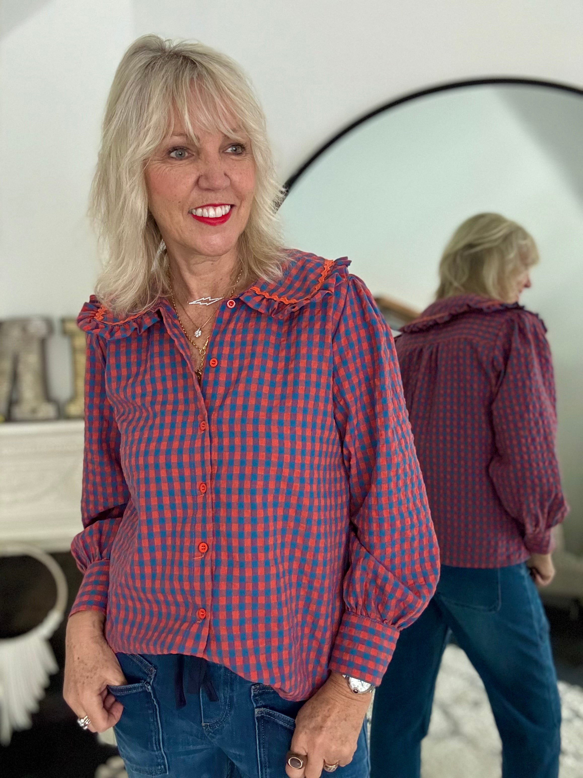 Collared Check Shirt in Orange & Blue