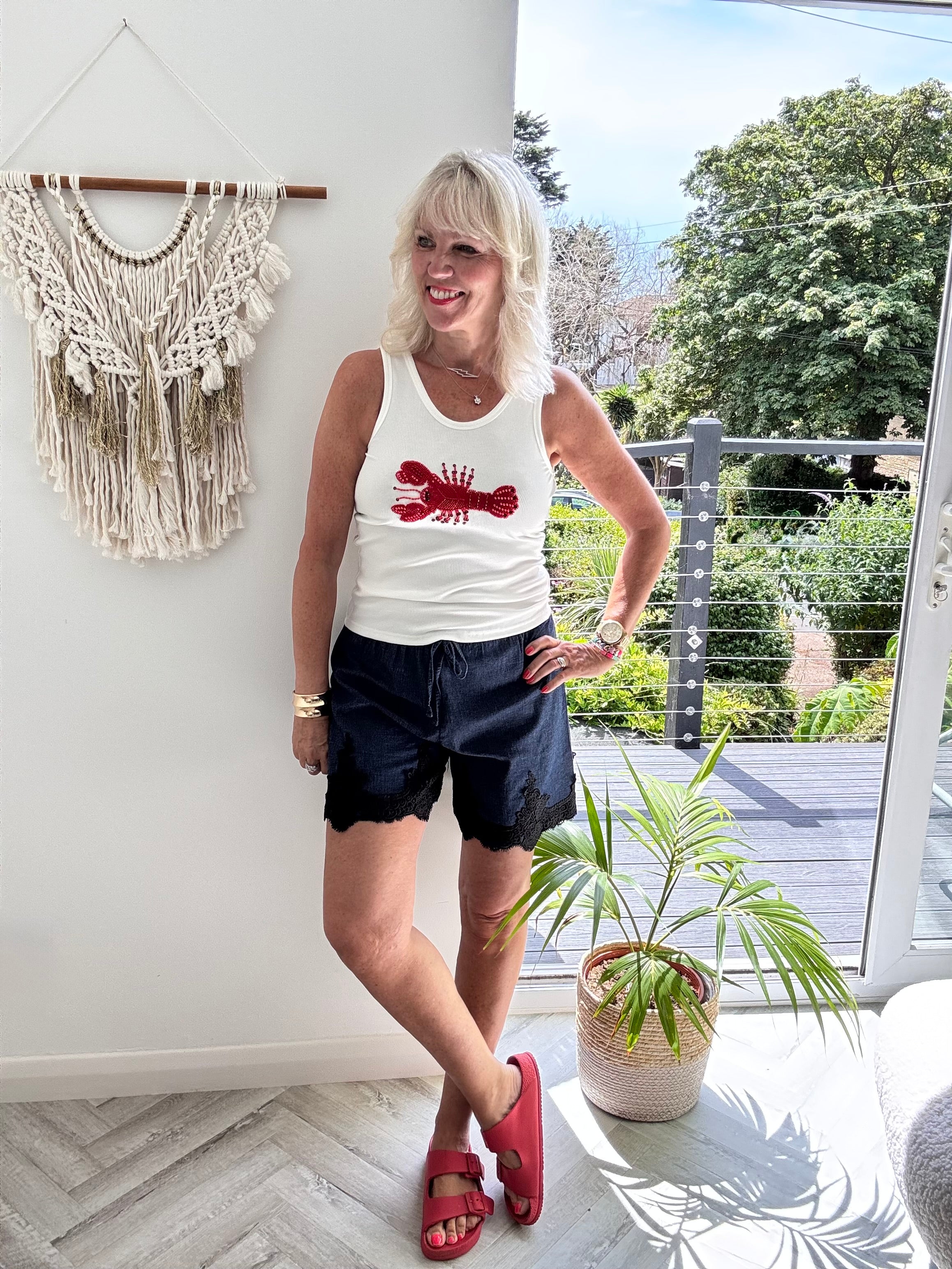 Designer Ribbed Vest with Beaded Lobster