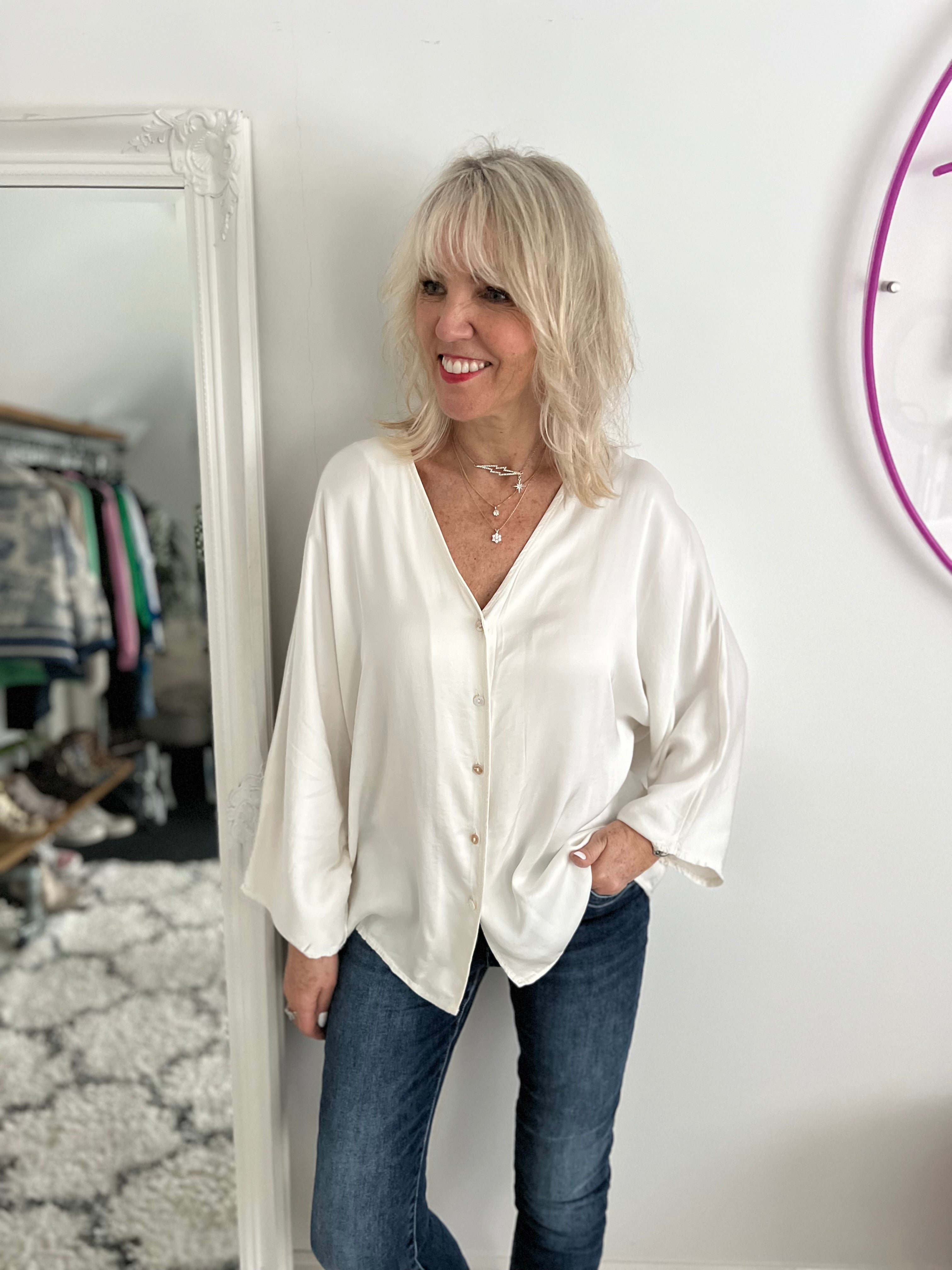 Silky Button Front Blouse in Ivory