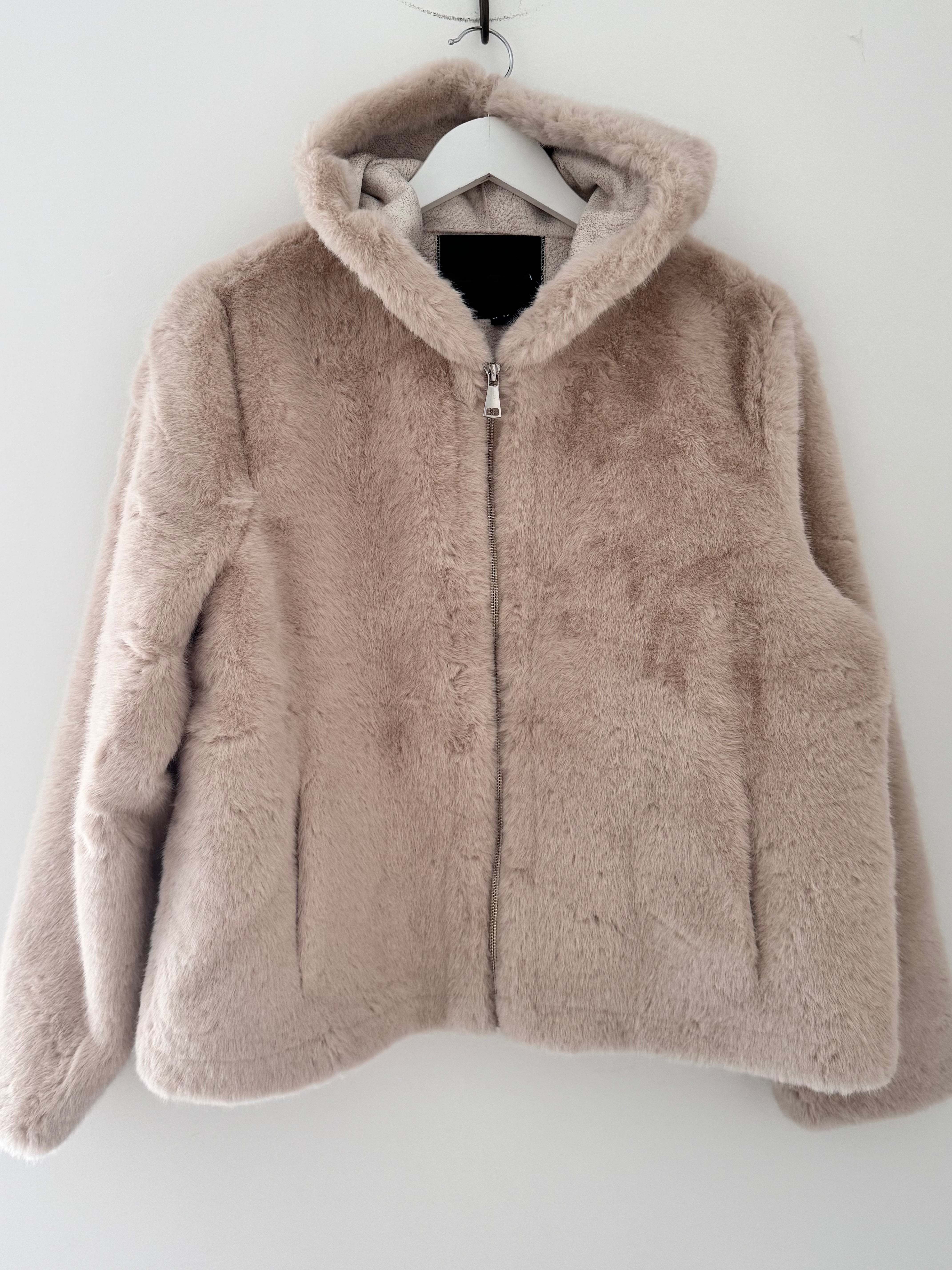 Hooded Fur Jacket in Ecru