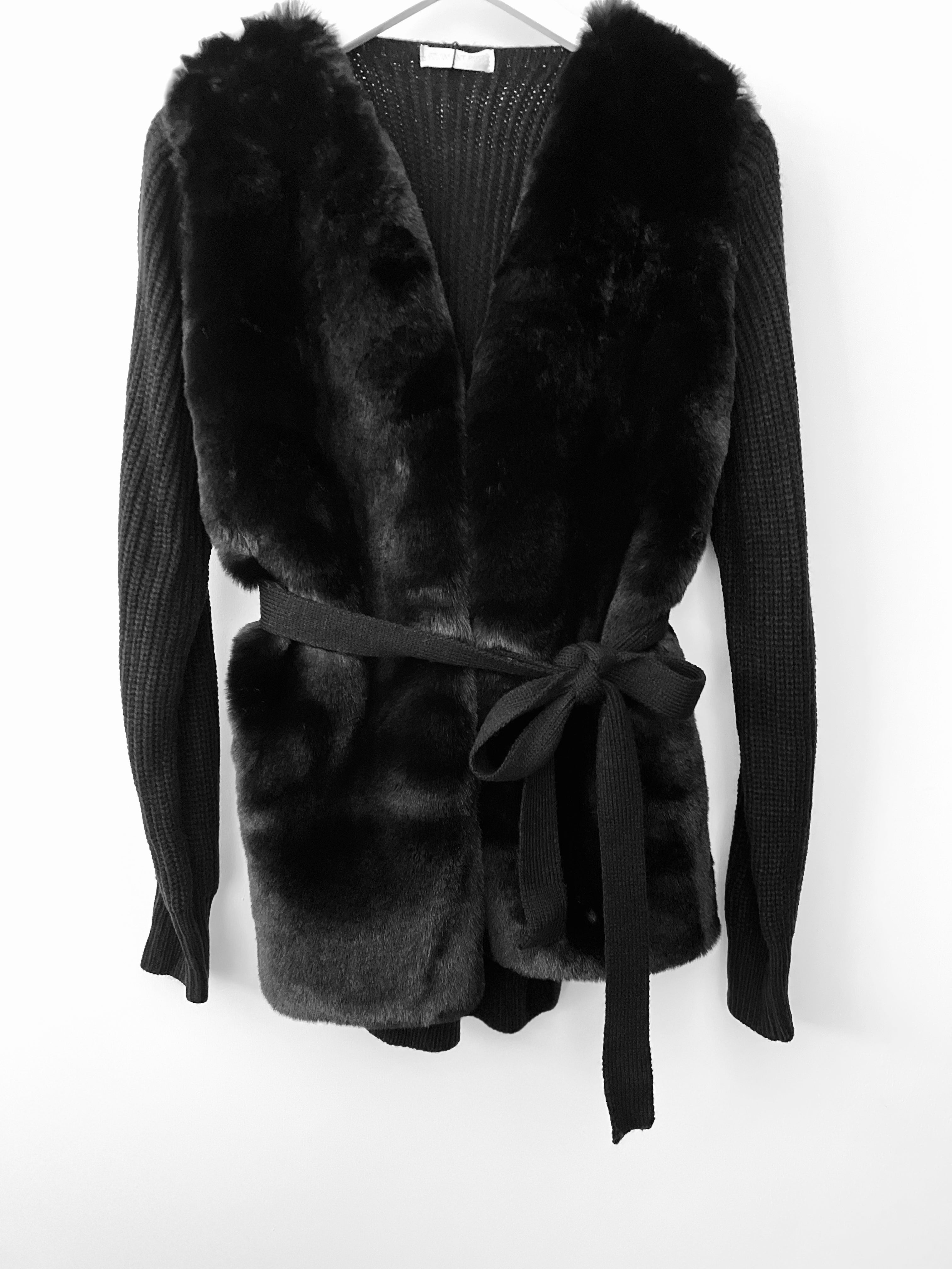 Belted Cardigan with Faux Fur in Black