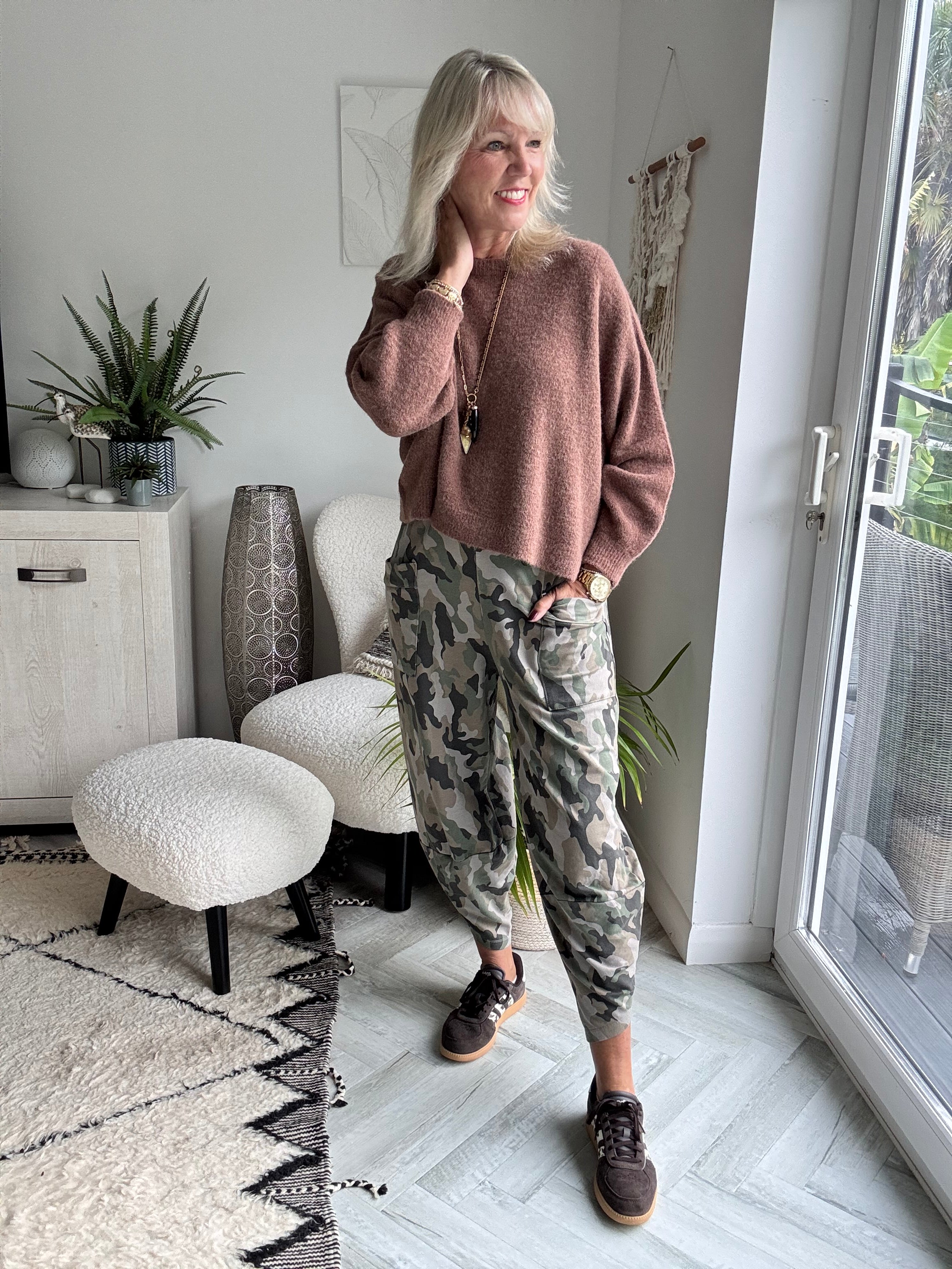 Barrel Cotton Jersey Trousers in Pale Mocha Camo