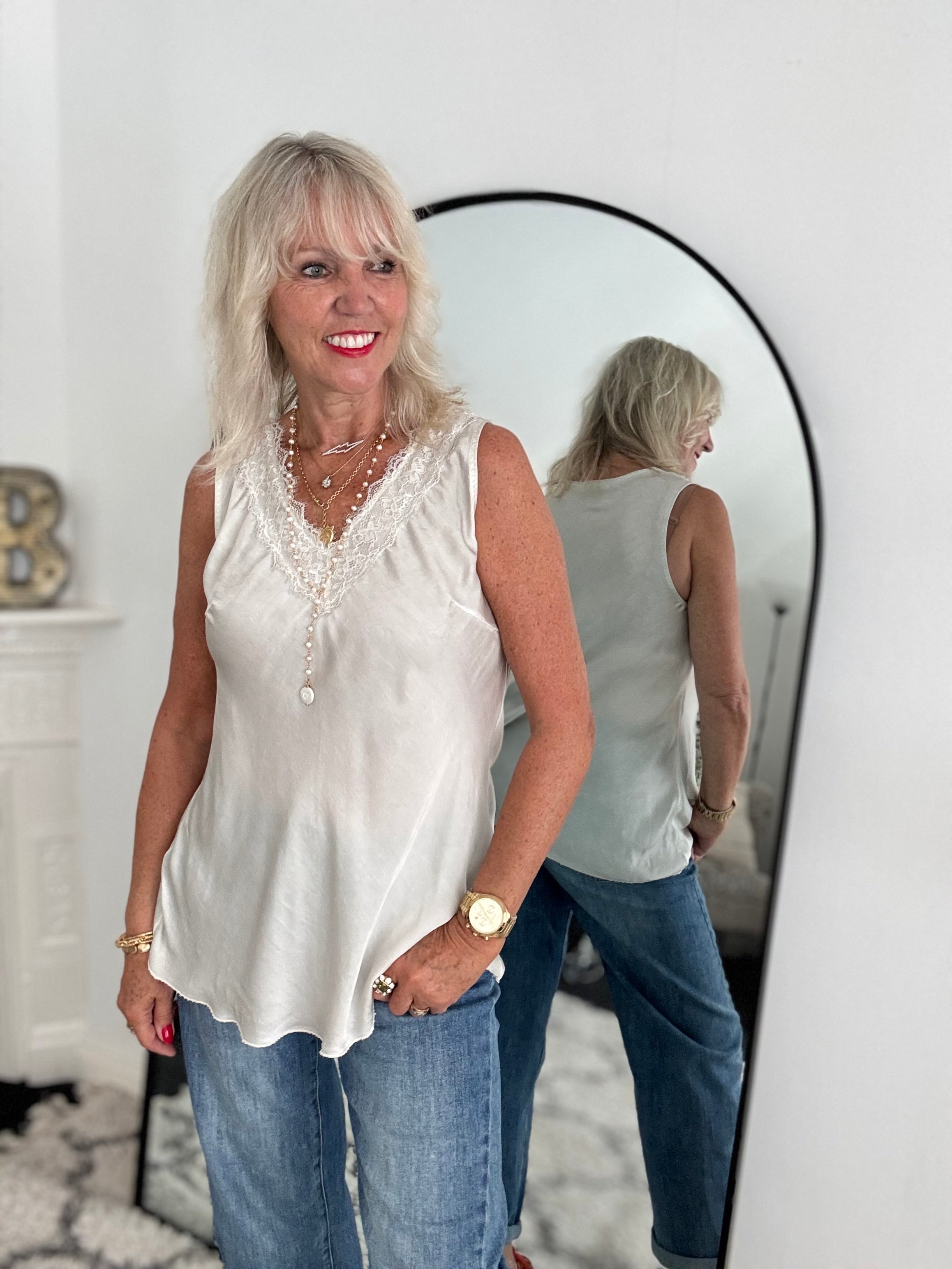 Lace Trim Silk Top in Ecru