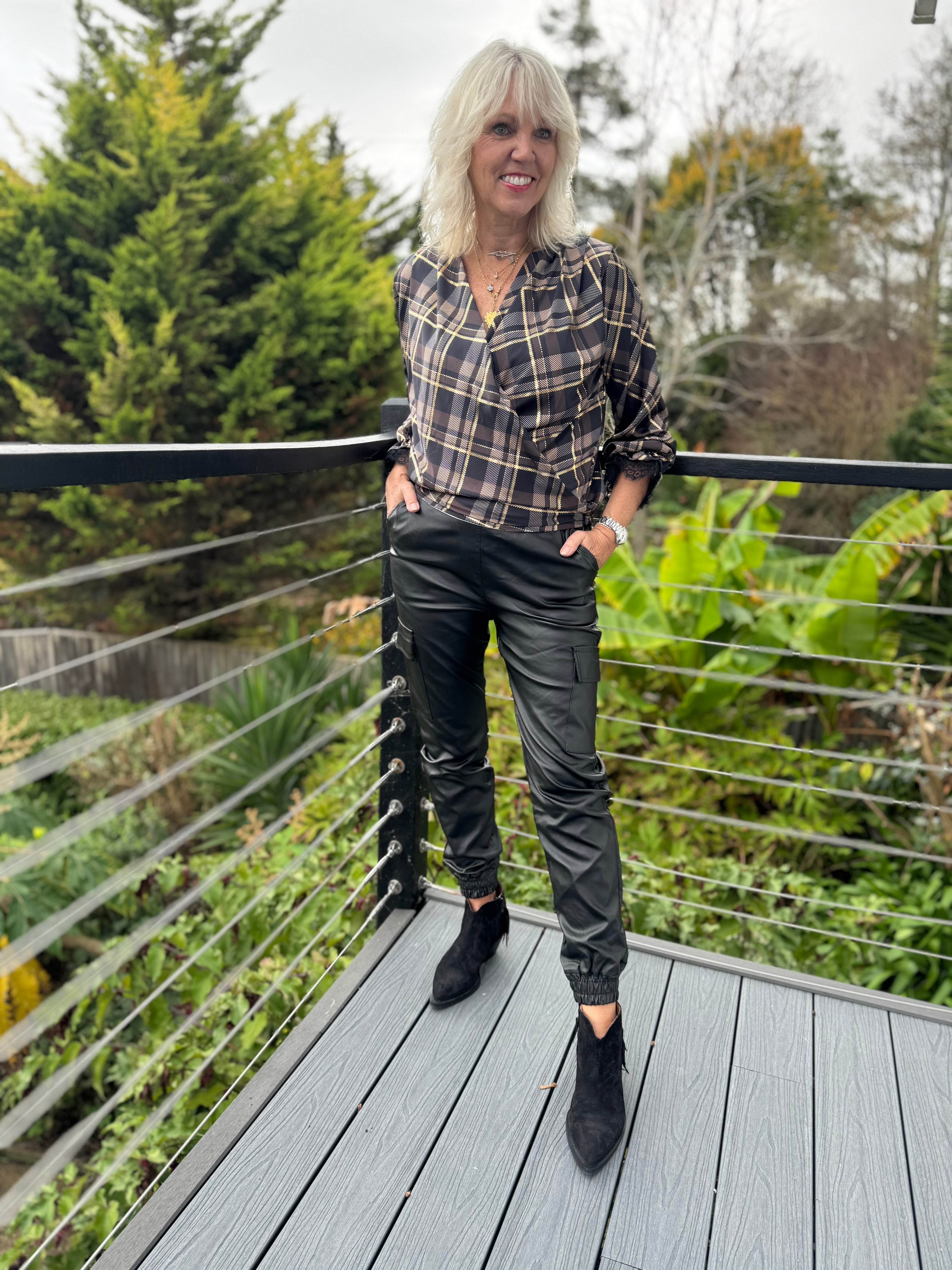 Silky Check Blouse in Chocolate & Black