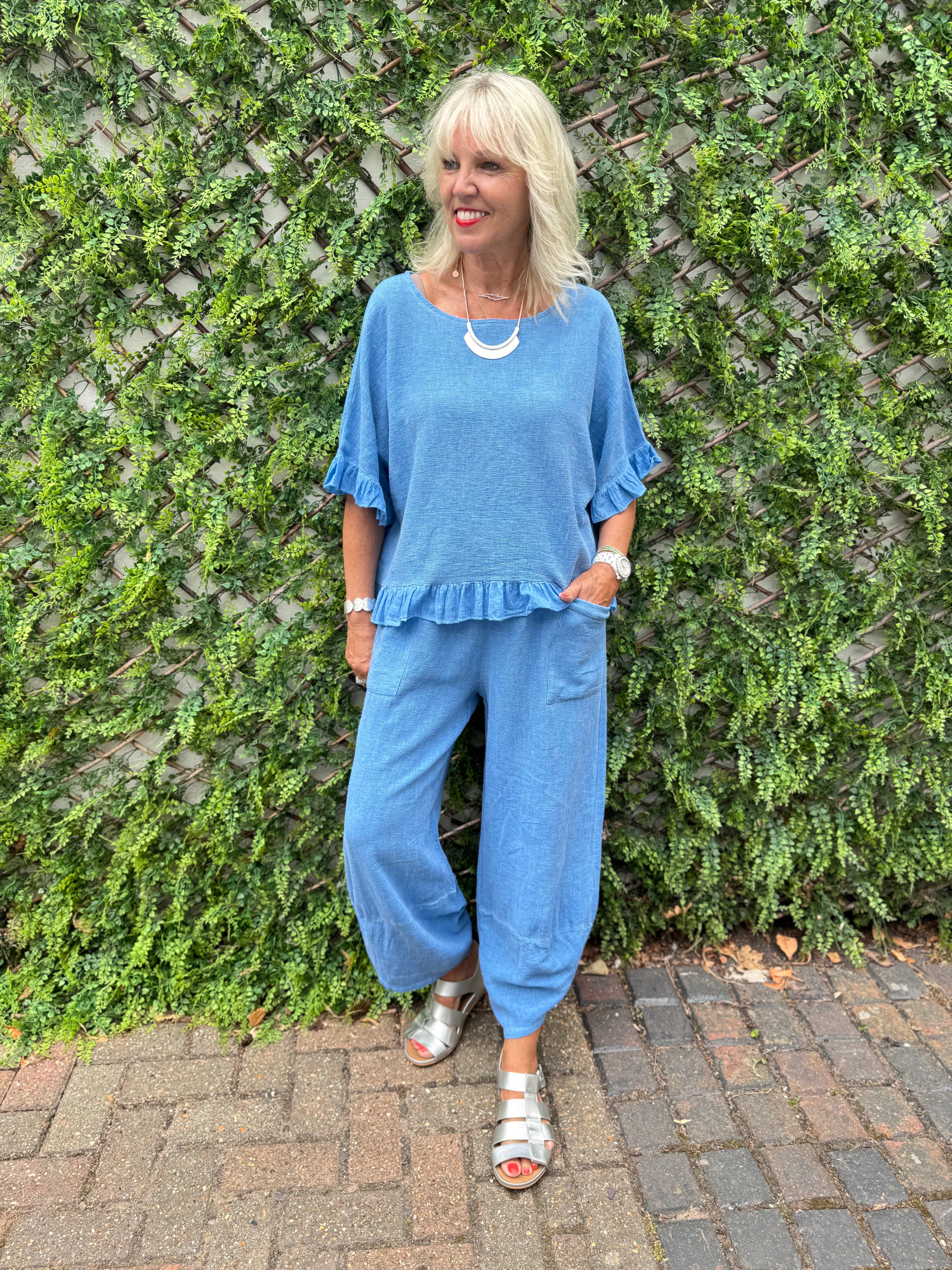 Linen & Cotton Ruffle Edge Top in Sky Blue