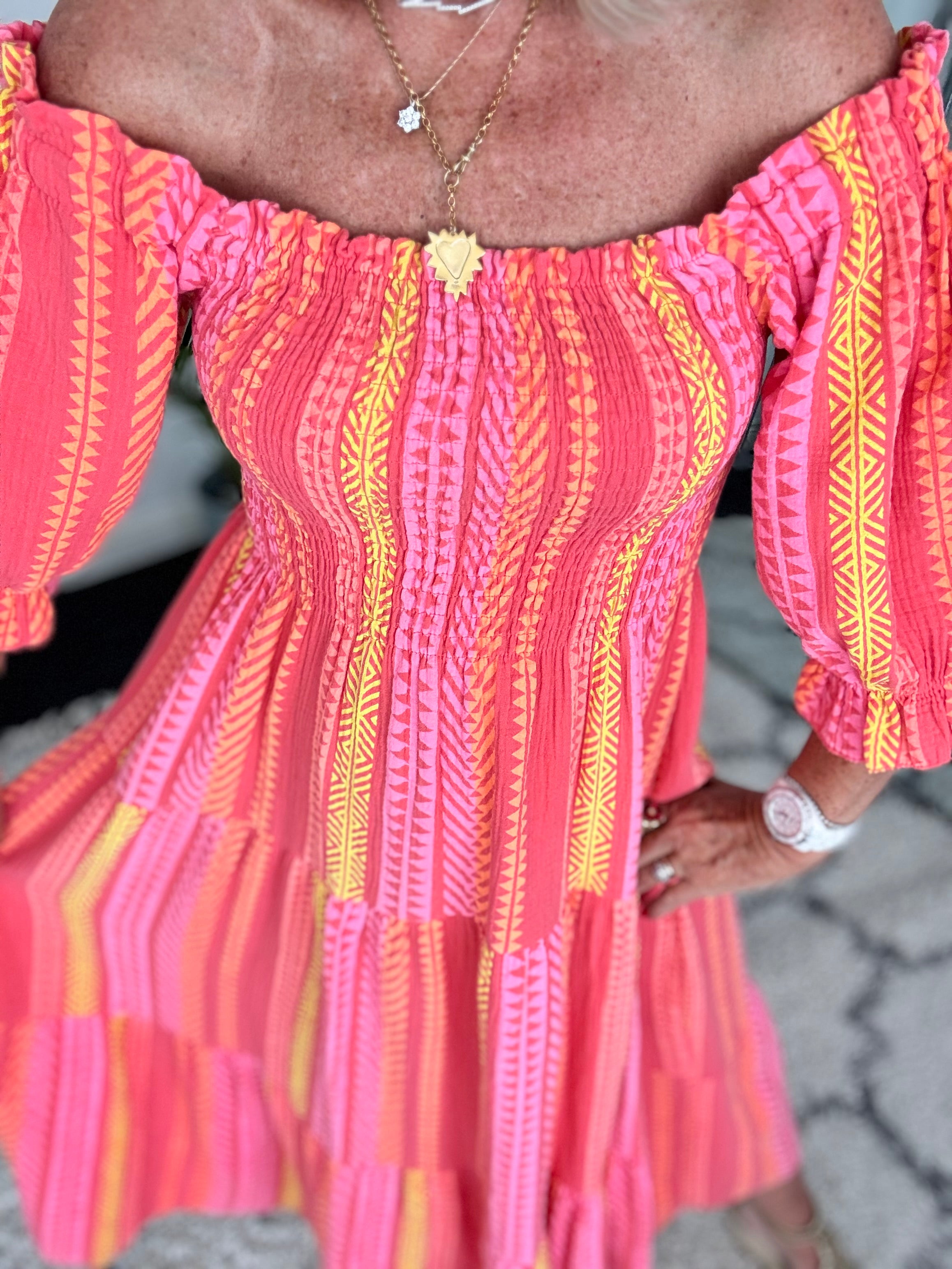 Aztec Shirred Midi Dress in Coral & Citrus