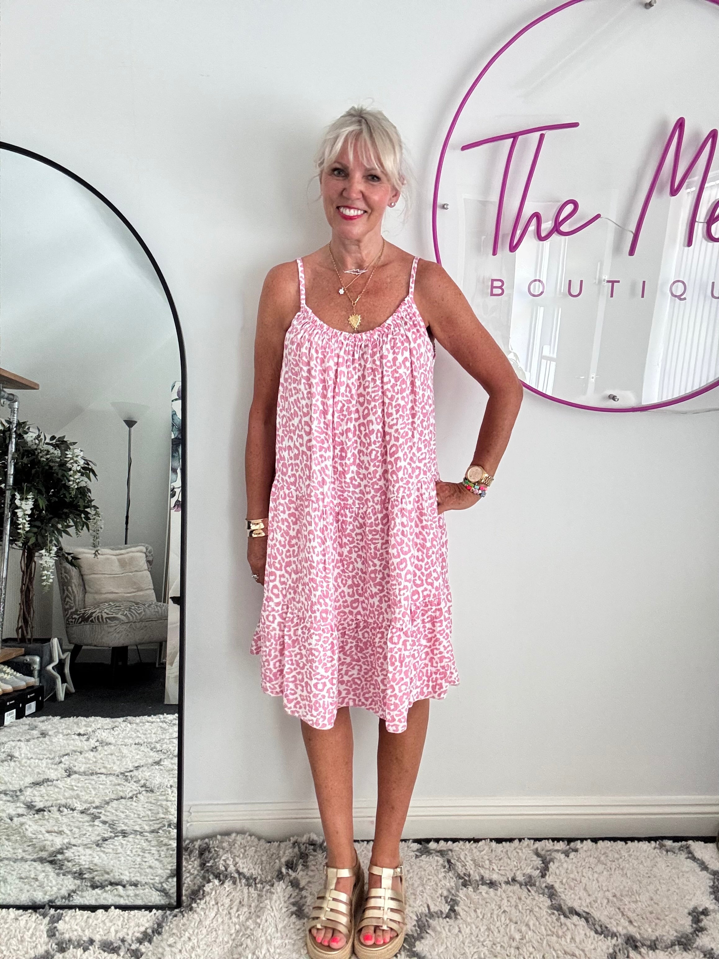 Leopard Cheesecloth Dress in Rose Pink & White