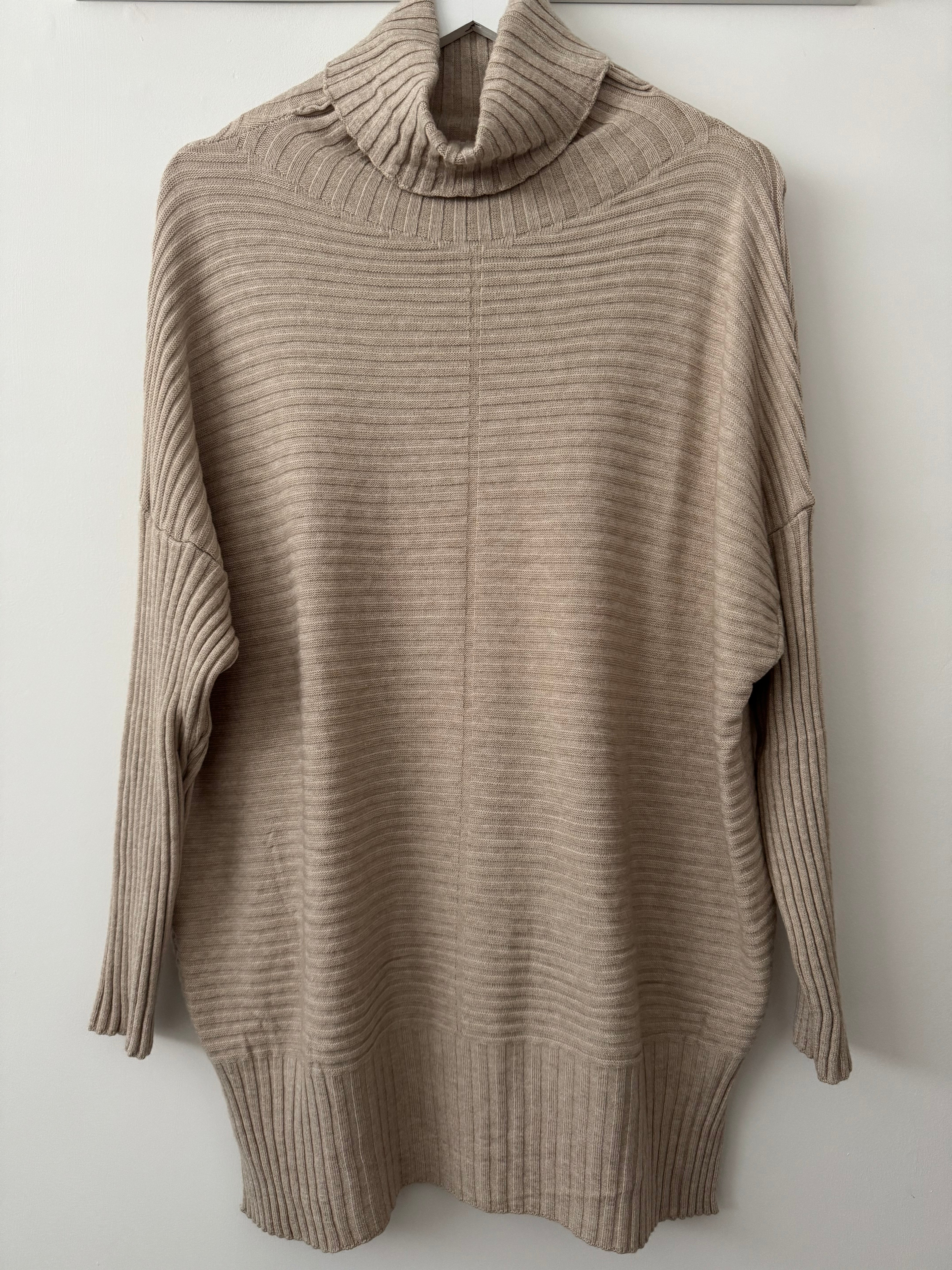 Ribbed Roll Neck Poncho Jumper in Latte