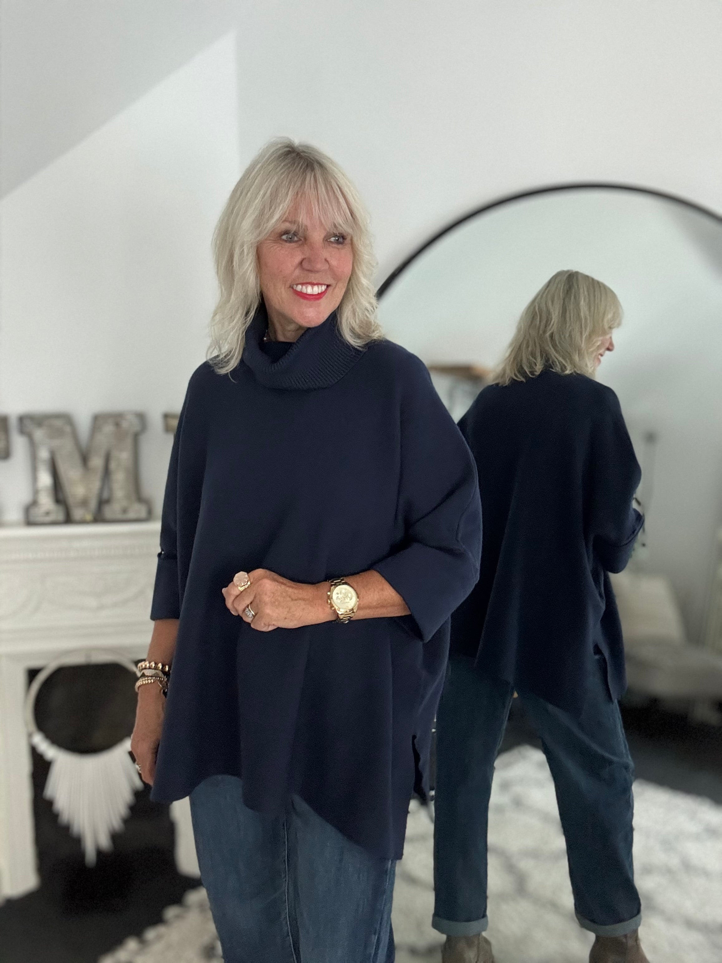 Oversized Roll Neck Poncho Jumper in Ink