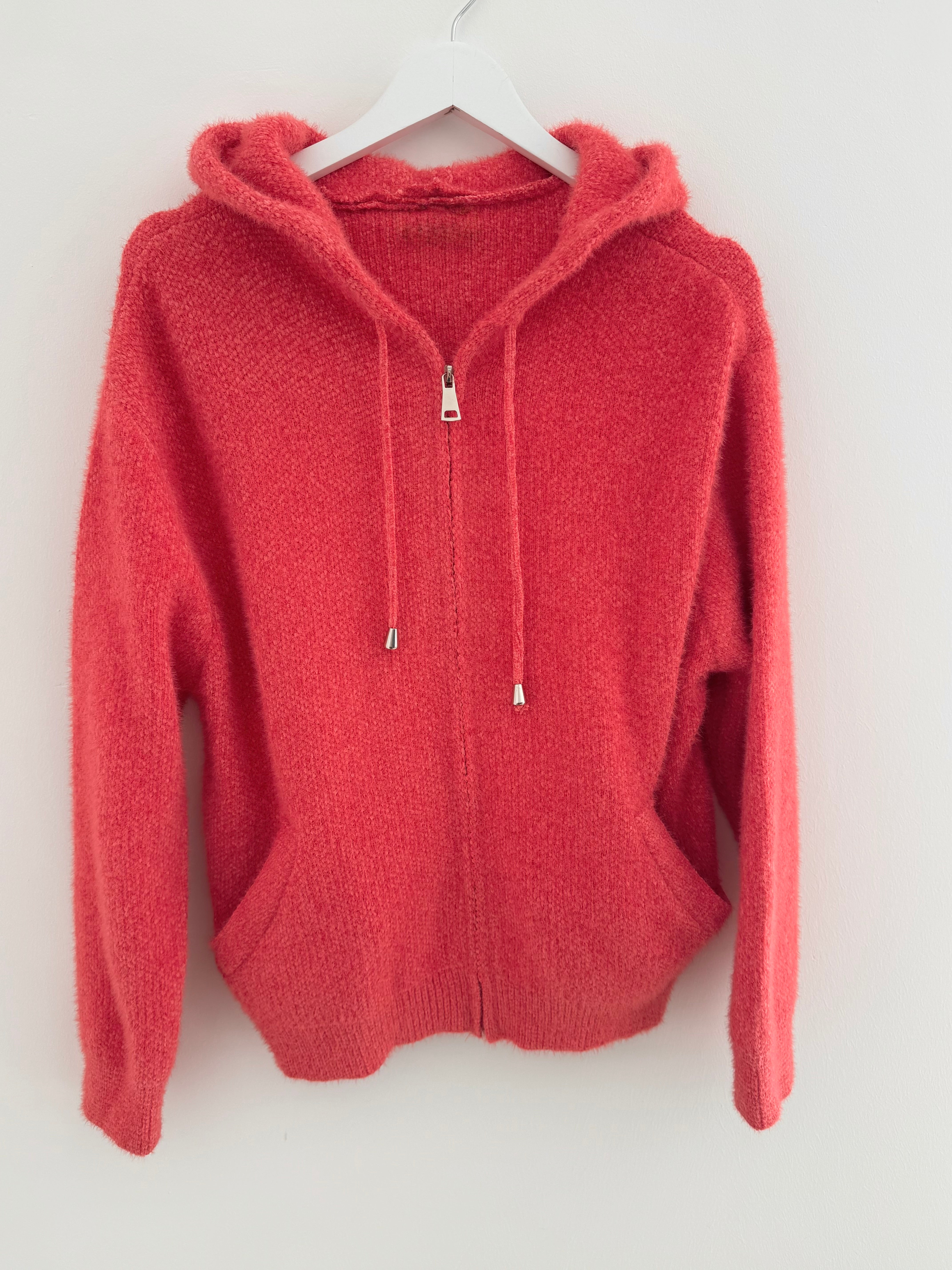 Soft Hooded Knit with Pockets in Coral
