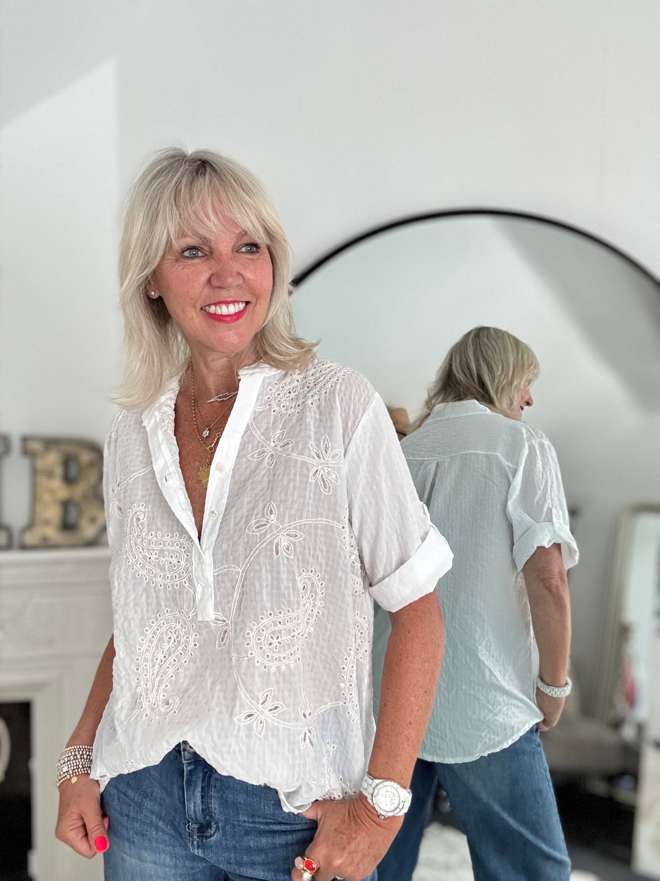 Seersucker Blouse with Paisley Design in Ivory & Gold
