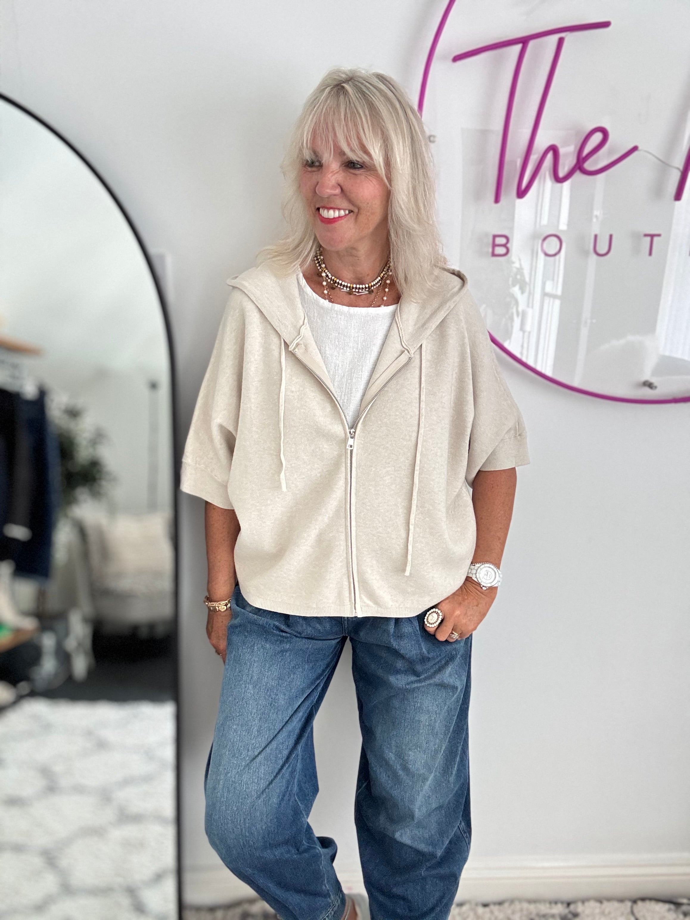 Soft Hooded Zipped Knit in Ecru