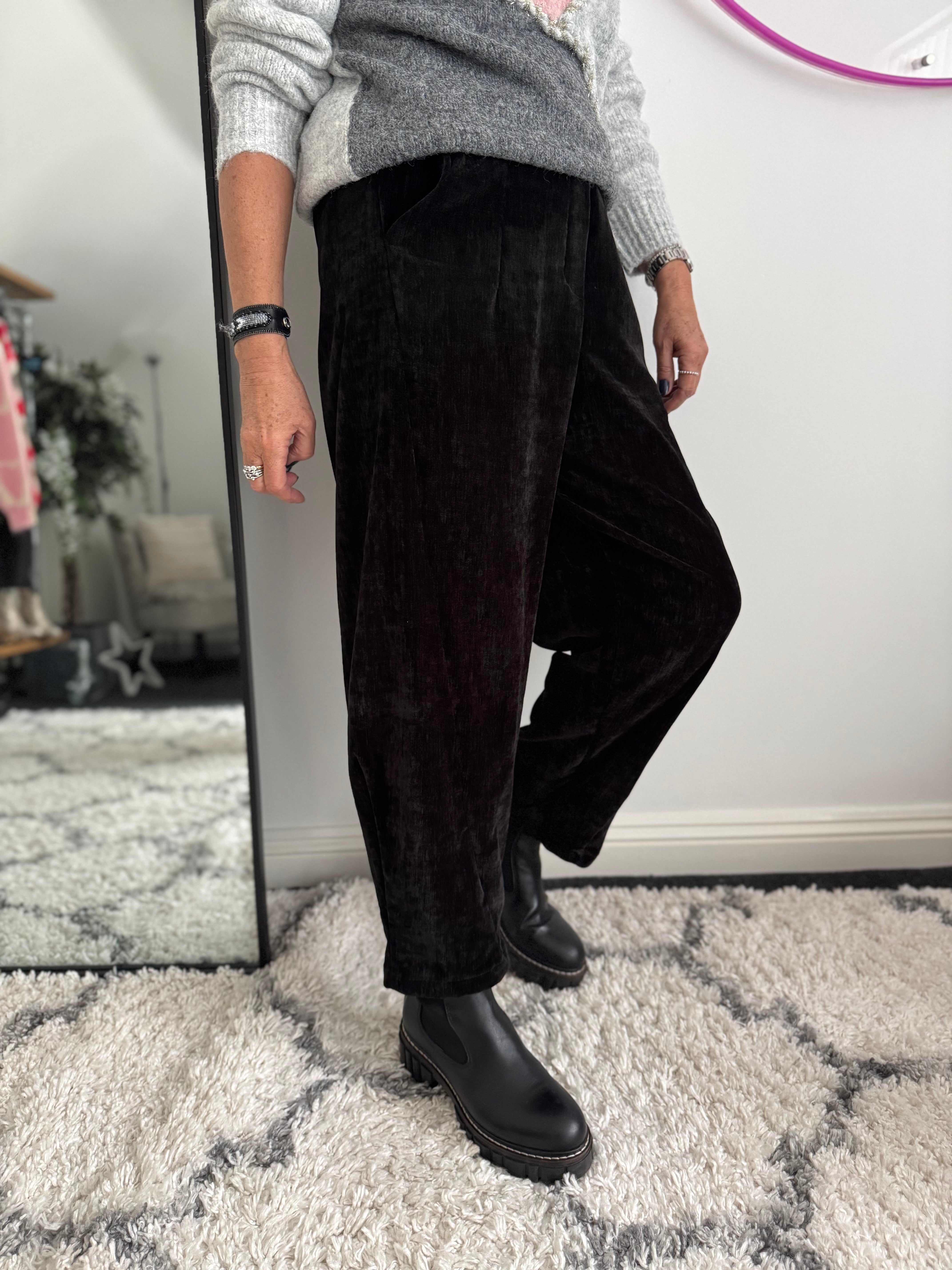 Velvet Stretch Boyfriend Trousers in Black